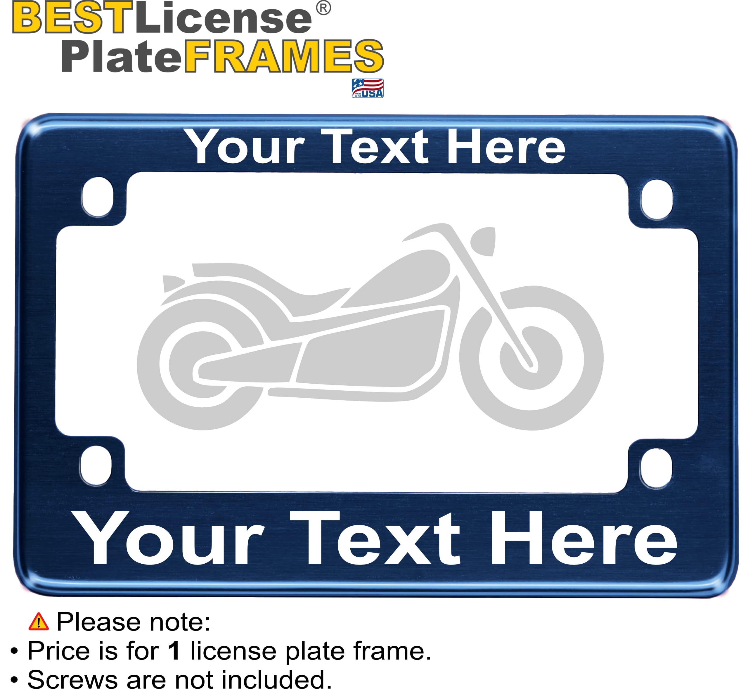 Motorcycle Personalized With Custom Text Design - Anodized Aluminum Laser Etched Standard Size License Plate Frame - Blue