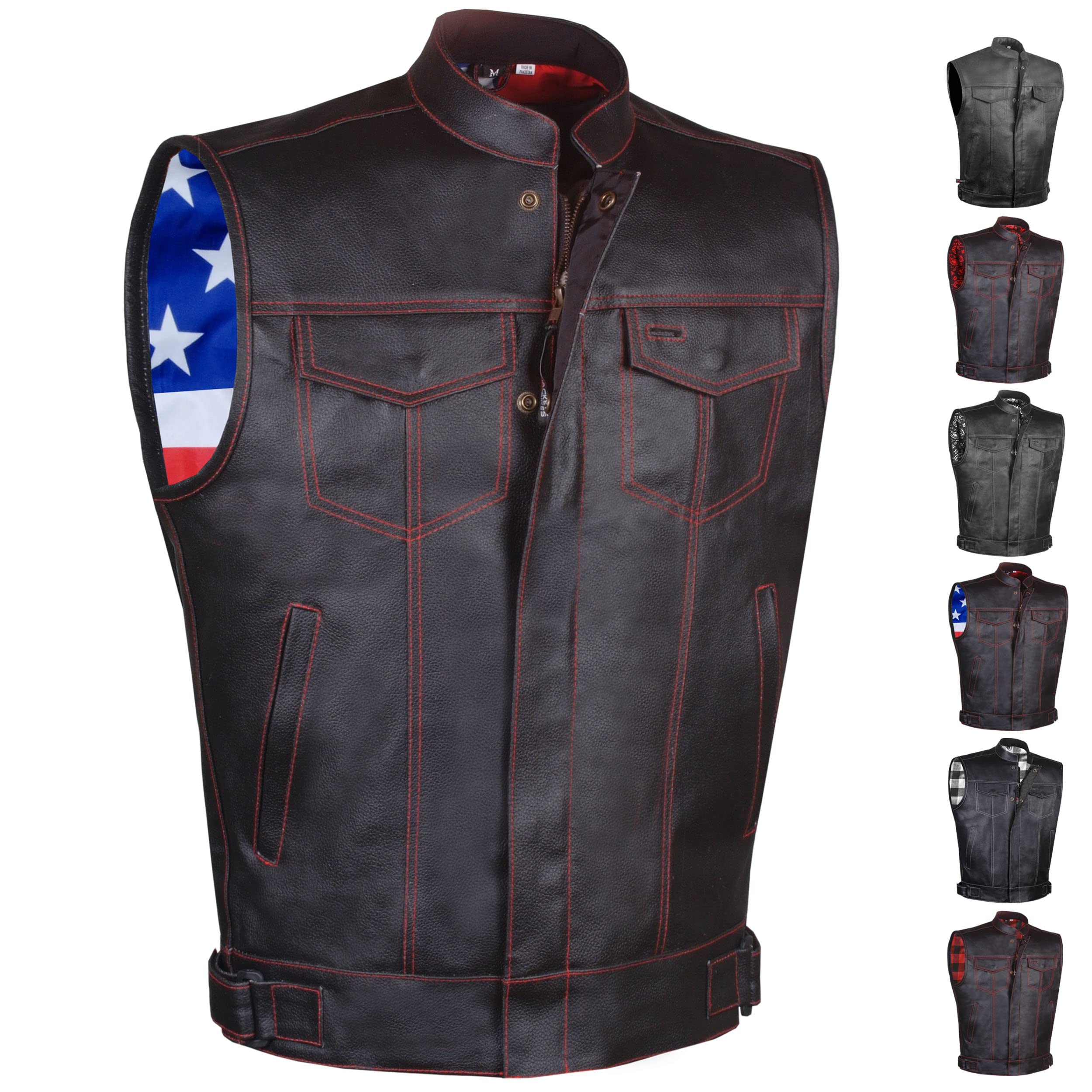 Soa Men 'S Premium Leather Motorcycle Vest With Biker Club Concealed Carry Gun Pockets W/Armor Us Flag Xl