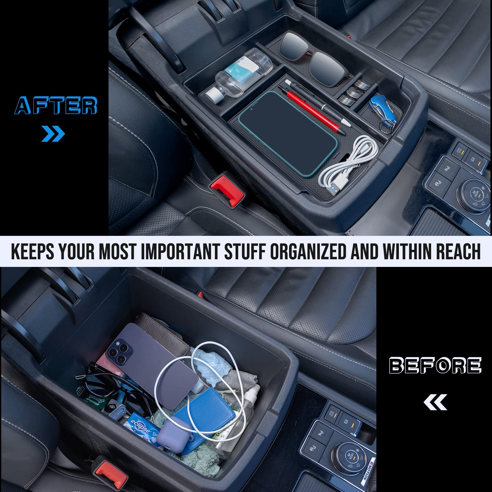 TOPINSTALL Center Console Tray for 2018-2023 VW Atlas/Cross Sport - Black Armrest Organizer, Model 20230206, Non-Interfering Design