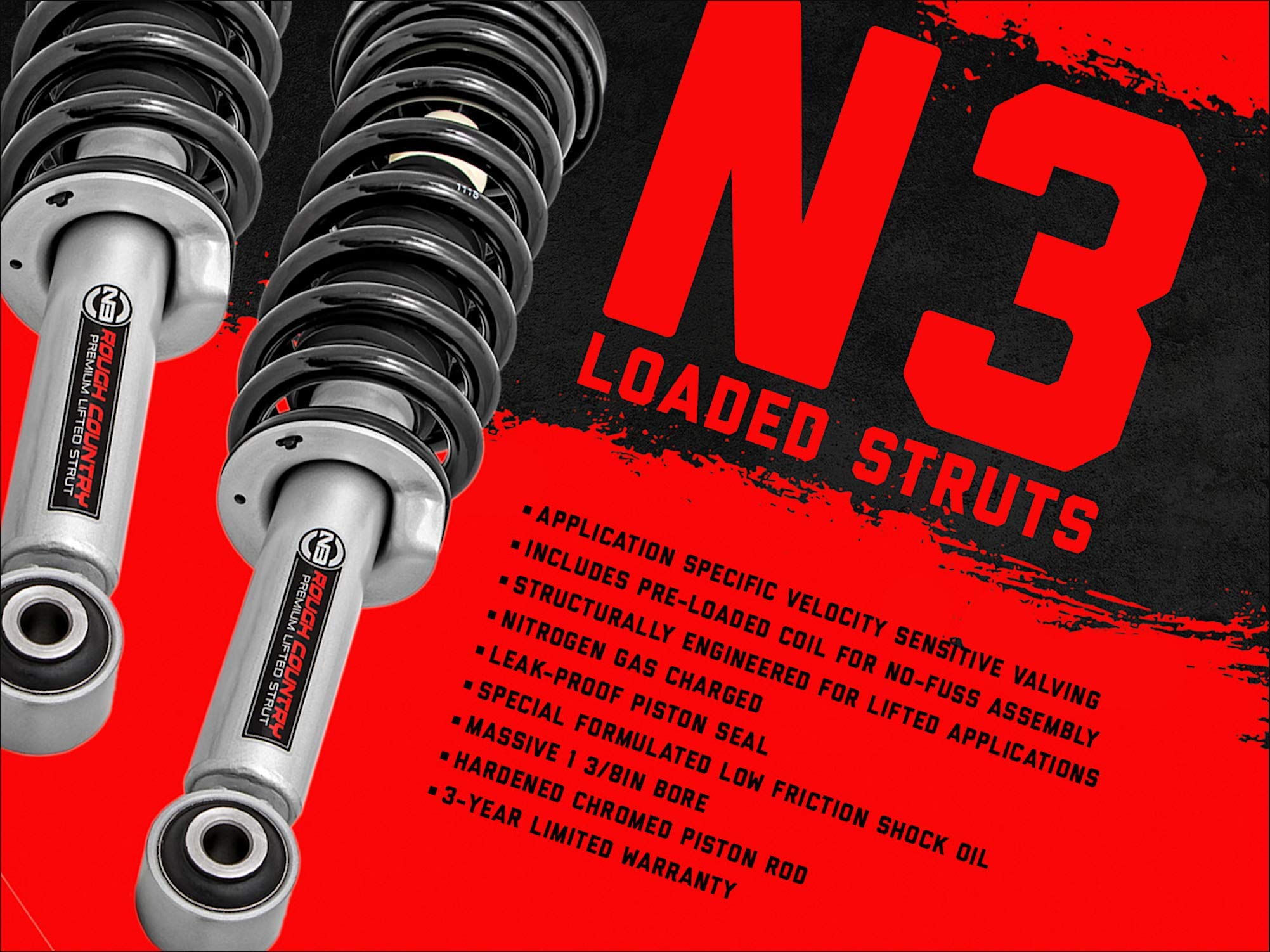 Rough Country 6" Loaded N3 Struts for 2014-2025 Ford F-150 4WD - Alloy Steel, Chrome Finish, Model 501052