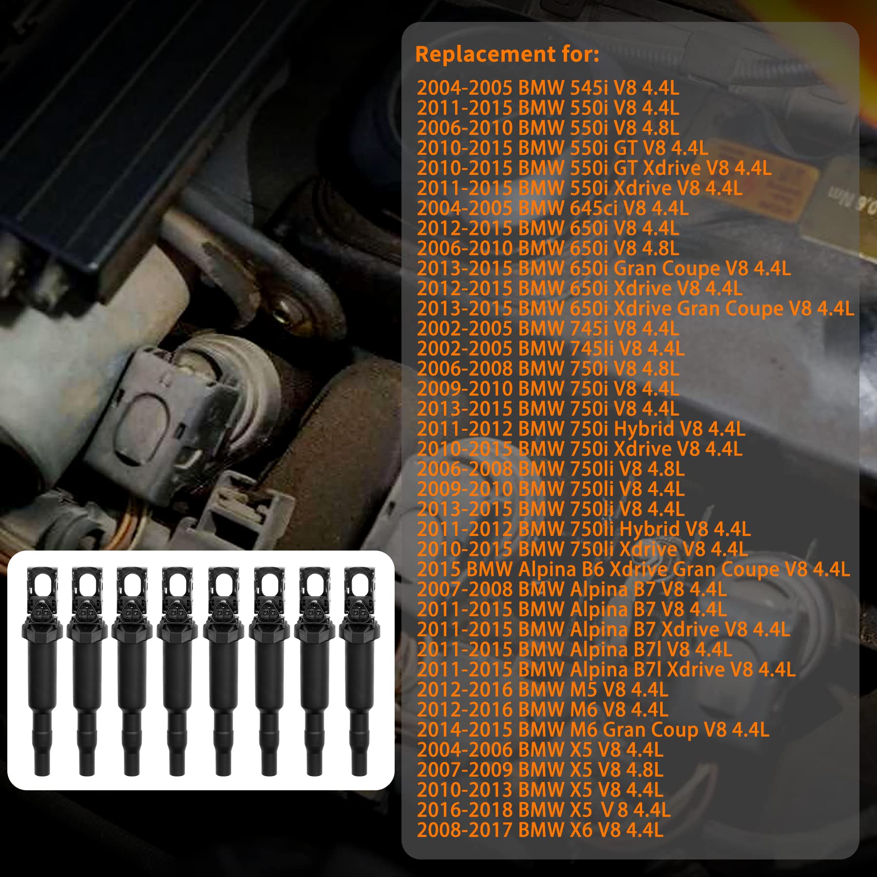 HQPASFY Ignition Coil Pack - 8pcs Compatible with BMW V8 Models 4.4L 4.8L Replaces 0221504470, UF-592
