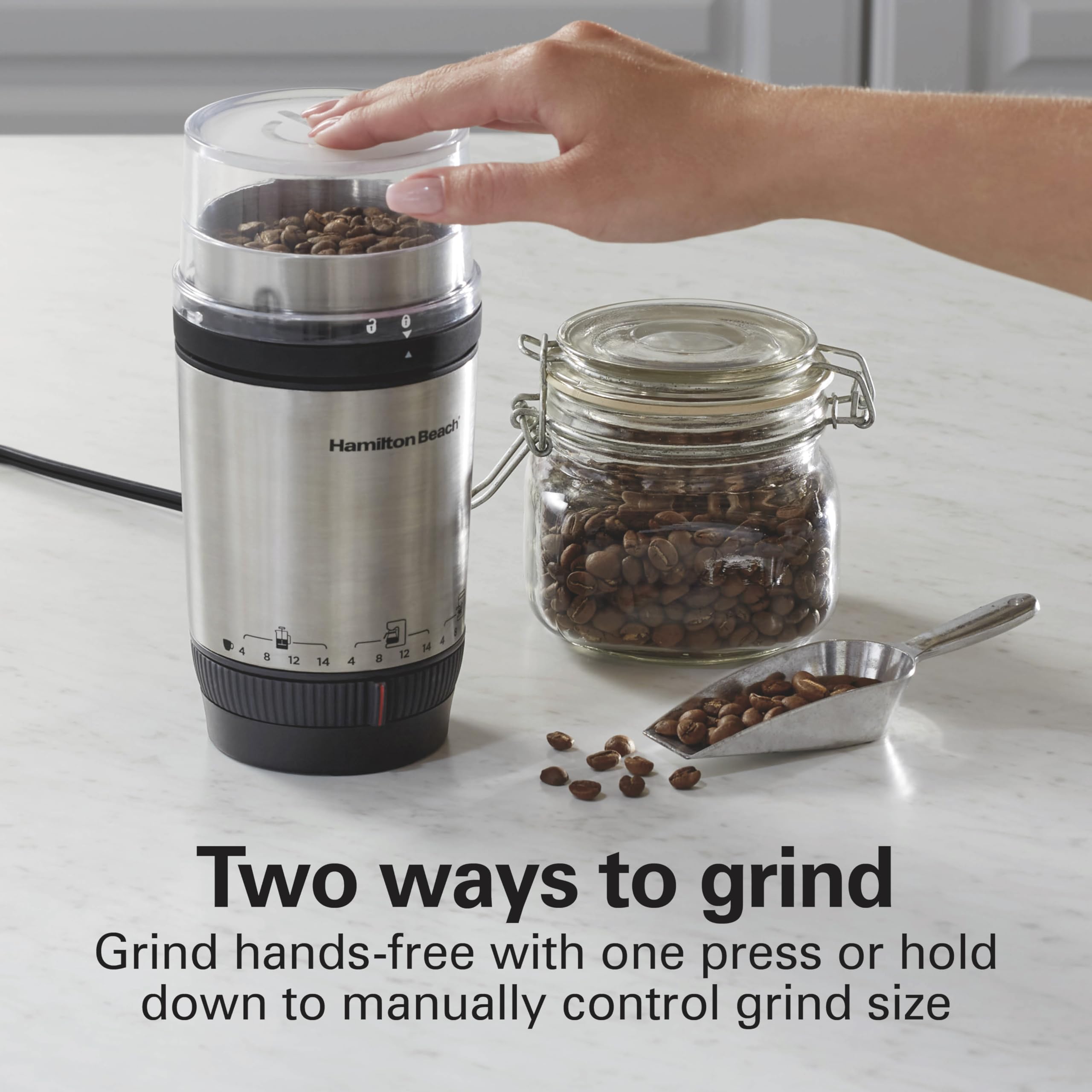Hamilton Beach Custom Grind Electric Coffee Grinder For 4-14 Cups, One-Press Hand-Free Operation With Auto Shutoff, Removable Gr
