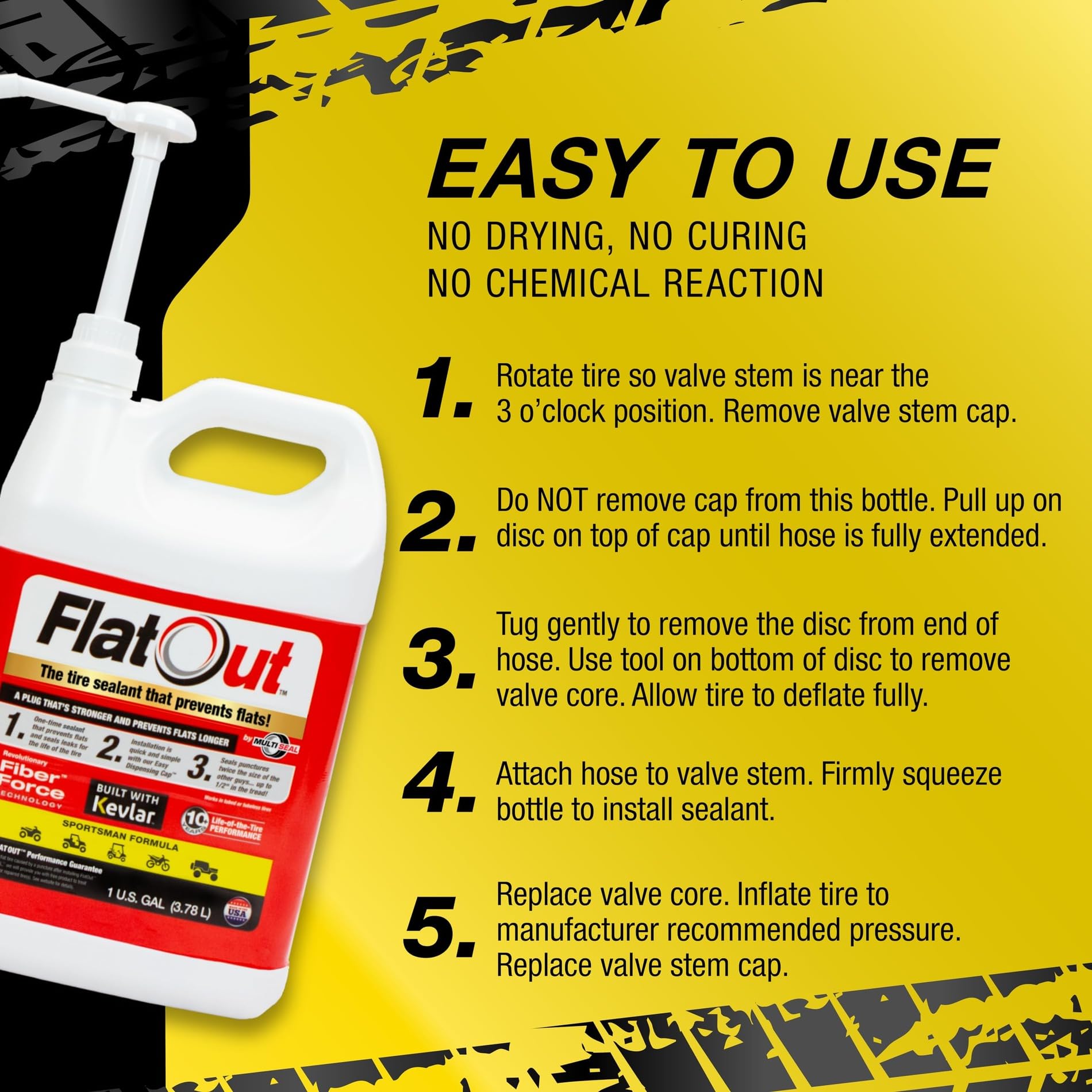 FlatOut Tire Sealant Sportsman Formula, 1-Gallon, with Valve Core Tool & Replacement Valve Core, Prevents Flat Tires, Seals Leaks