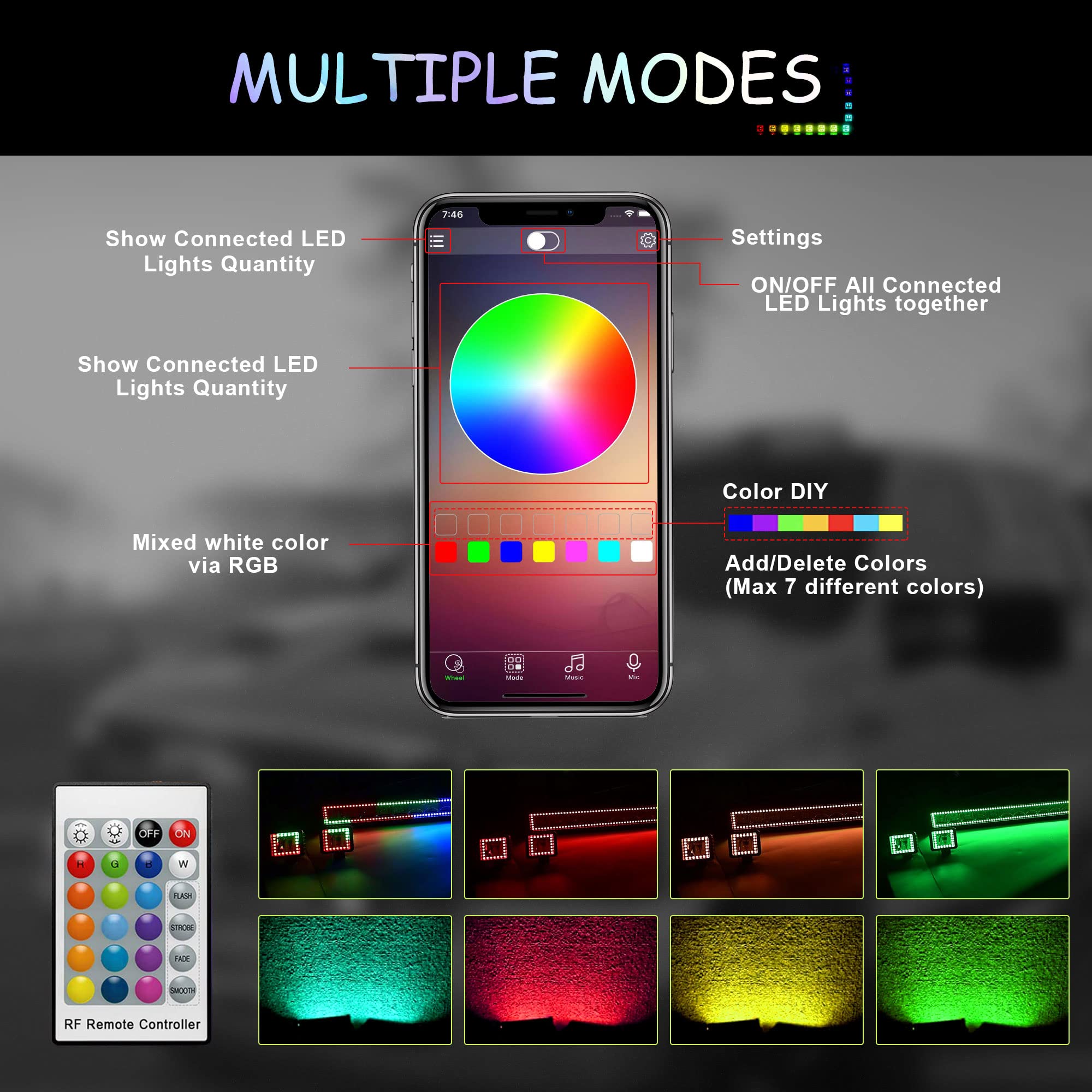FEELON 52" Curved RGB Light Bar with 2x 4" Flood Pods - Multicolor RGB Halo Offroad Driving Fog Lights