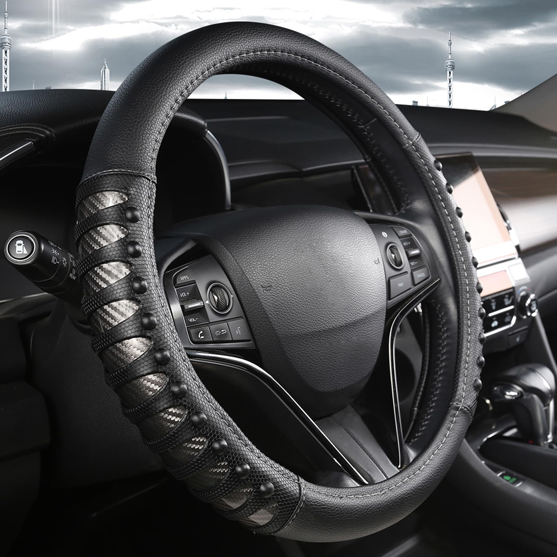 West Llama Microfiber Leather Car Steering Wheel Cover For Men Women,Universal Fit 15.5-16 Inch(Leather Nails-Gray+Black-Large S