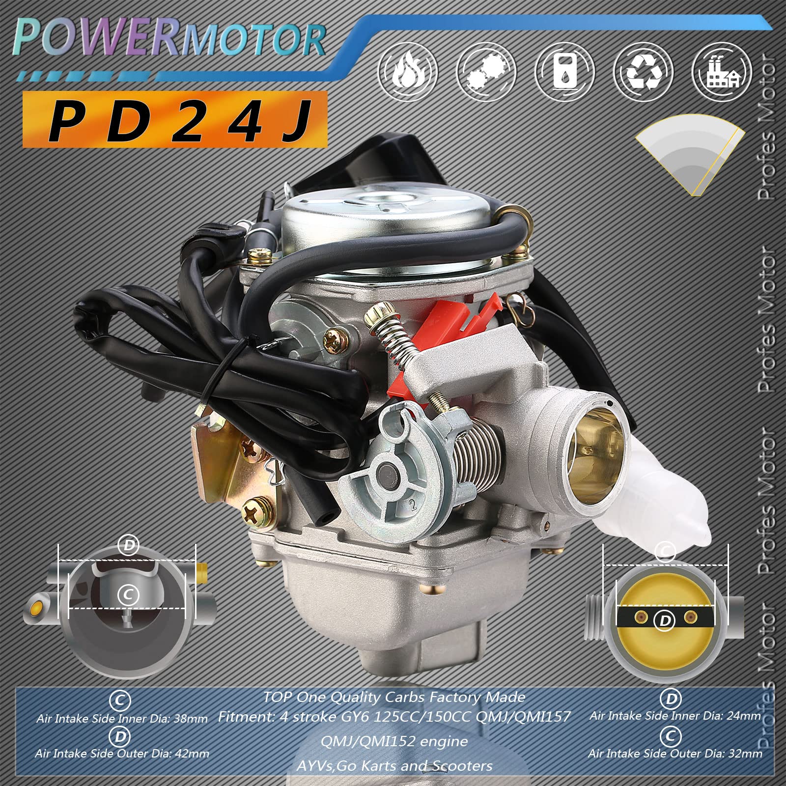 Powermotor Pd24J Carburetor For 4-Stroke Gy6 125Cc 150Cc Atv Go Karts Scooter Mopeds Qmj/Qmi157 Qmj/Qmi152 - Manifold Intake Diameter 24Mm Pd24J Carb
