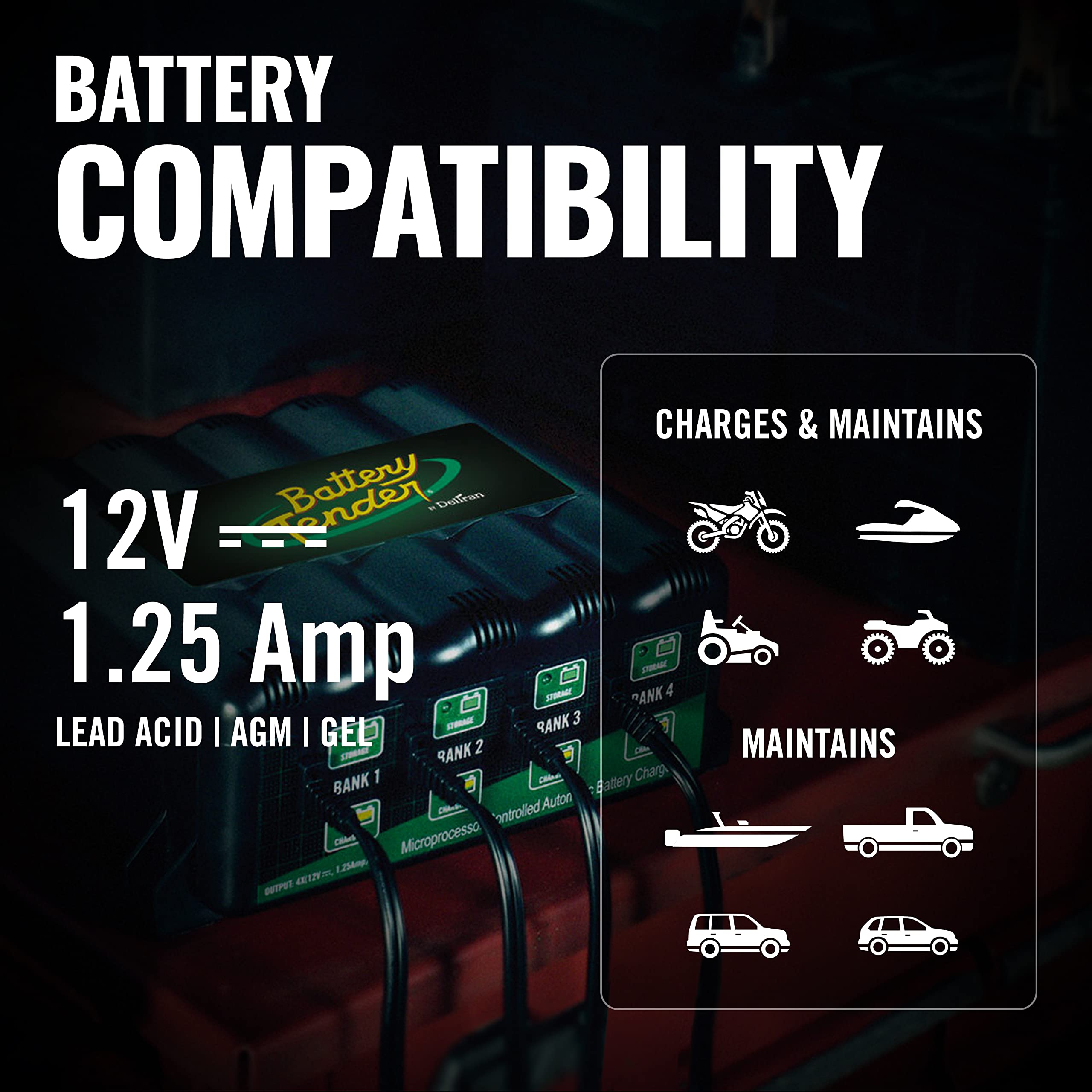 Battery Tender Plus 4-Bank Smart Charger - 5 AMP - Black/Green - 12V Multi Battery Charger for Standard, AGM, Lithium - Model 022-0148-DL-WH