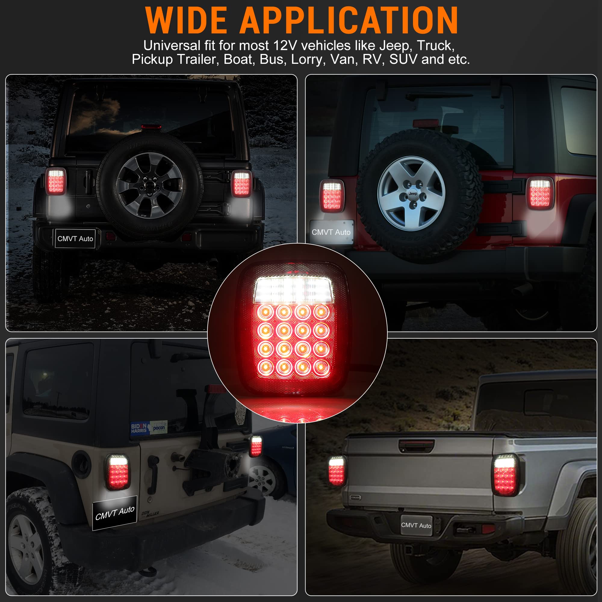 Cmvt Auto Universal 38Led Brake Tail Lights, Smoked Square Combination Flatbed Trucks Turn Taillights, W/Backup Reverse License