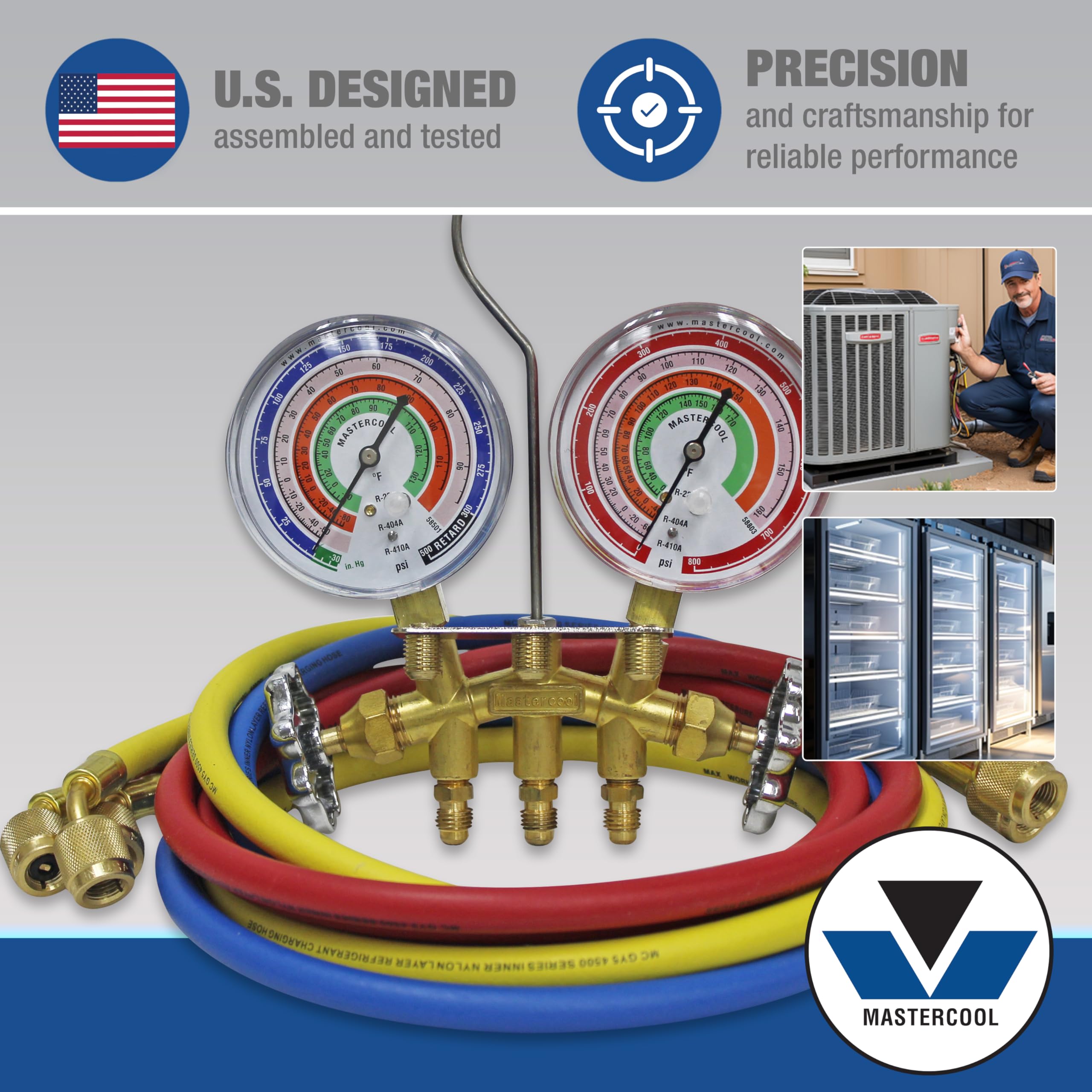 Mastercool 59161 2-Way Brass Manifold Gauge Set with 60" Hoses, Silicone Dampened Gauges for R410A, R22, R404A - U.S.
