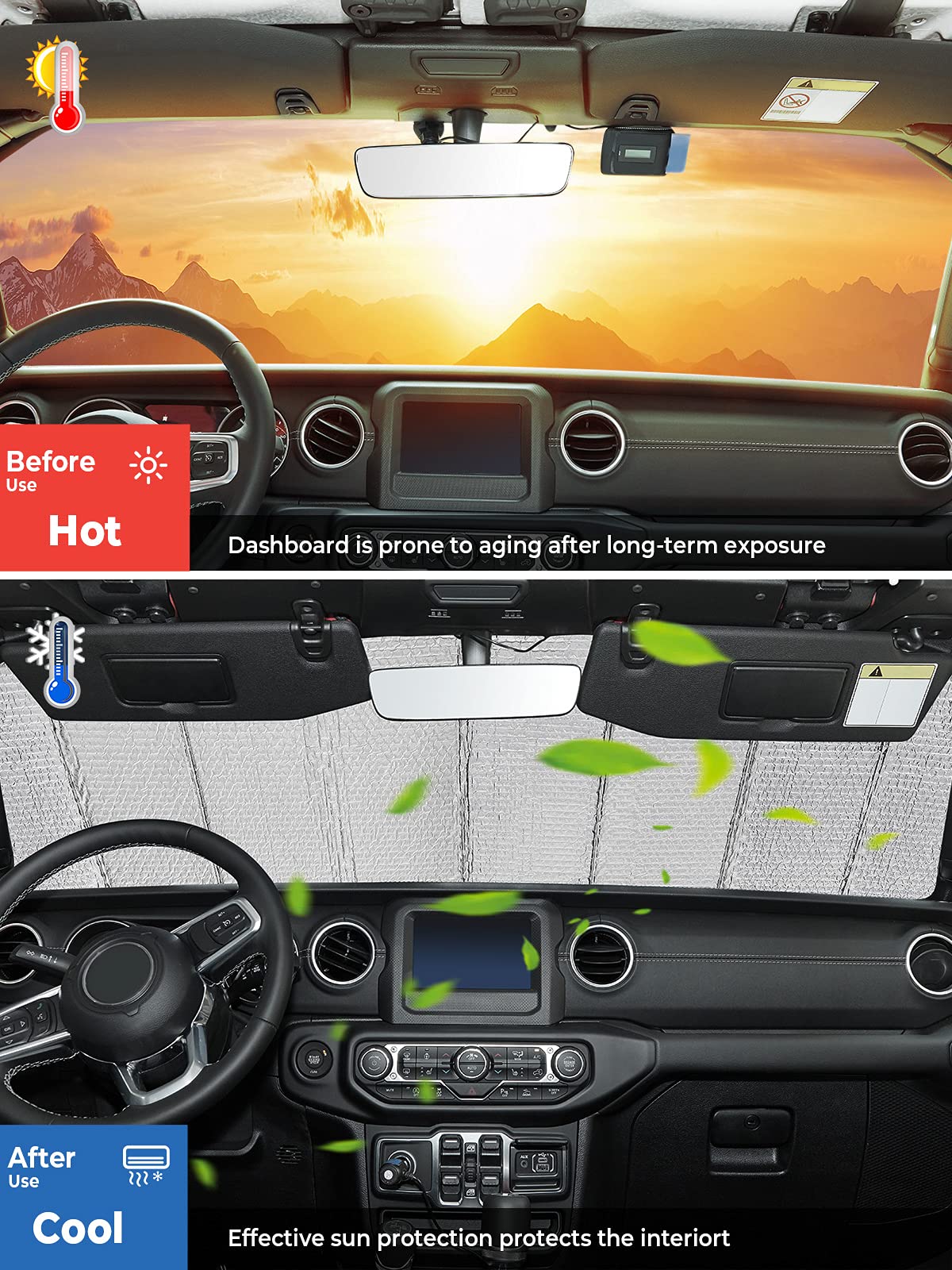 Qmparts Upgraded Windshield Sunshade Compatible With Wrangler Jl & Gladiator Jt, Foldable Sun Visor Windshield Blocks Uv Rays, Window Sun Shade Shield Protector Compatible With Wrangler Jlu 2018-2024
