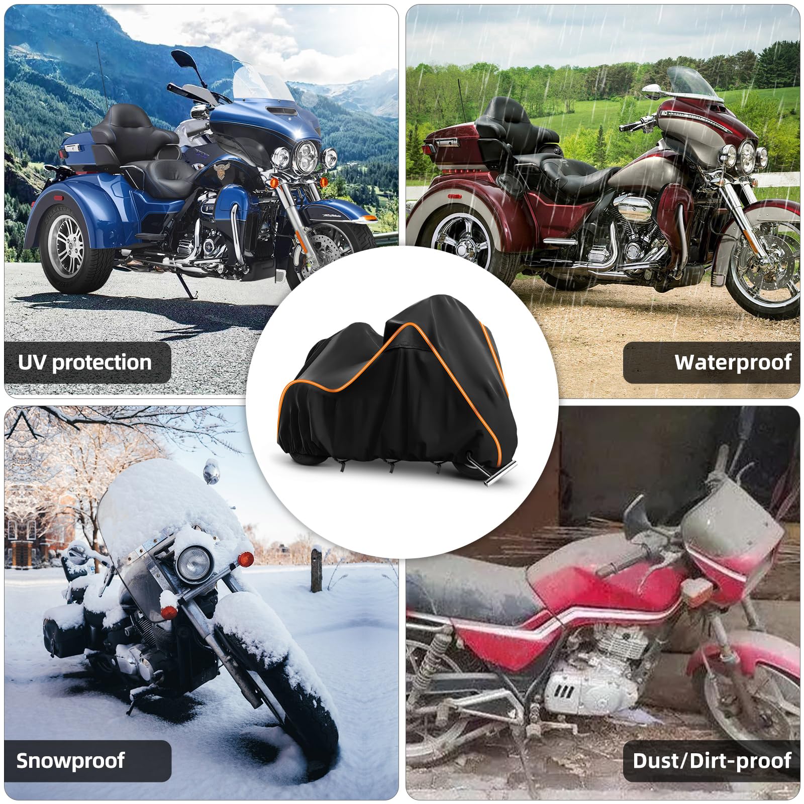 BIGACOVER 420D Motorcycle Cover for Trike Models - Heavy Duty Waterproof, Windproof, Black, Model XB304, with Antenna Openings & Heat Insulation