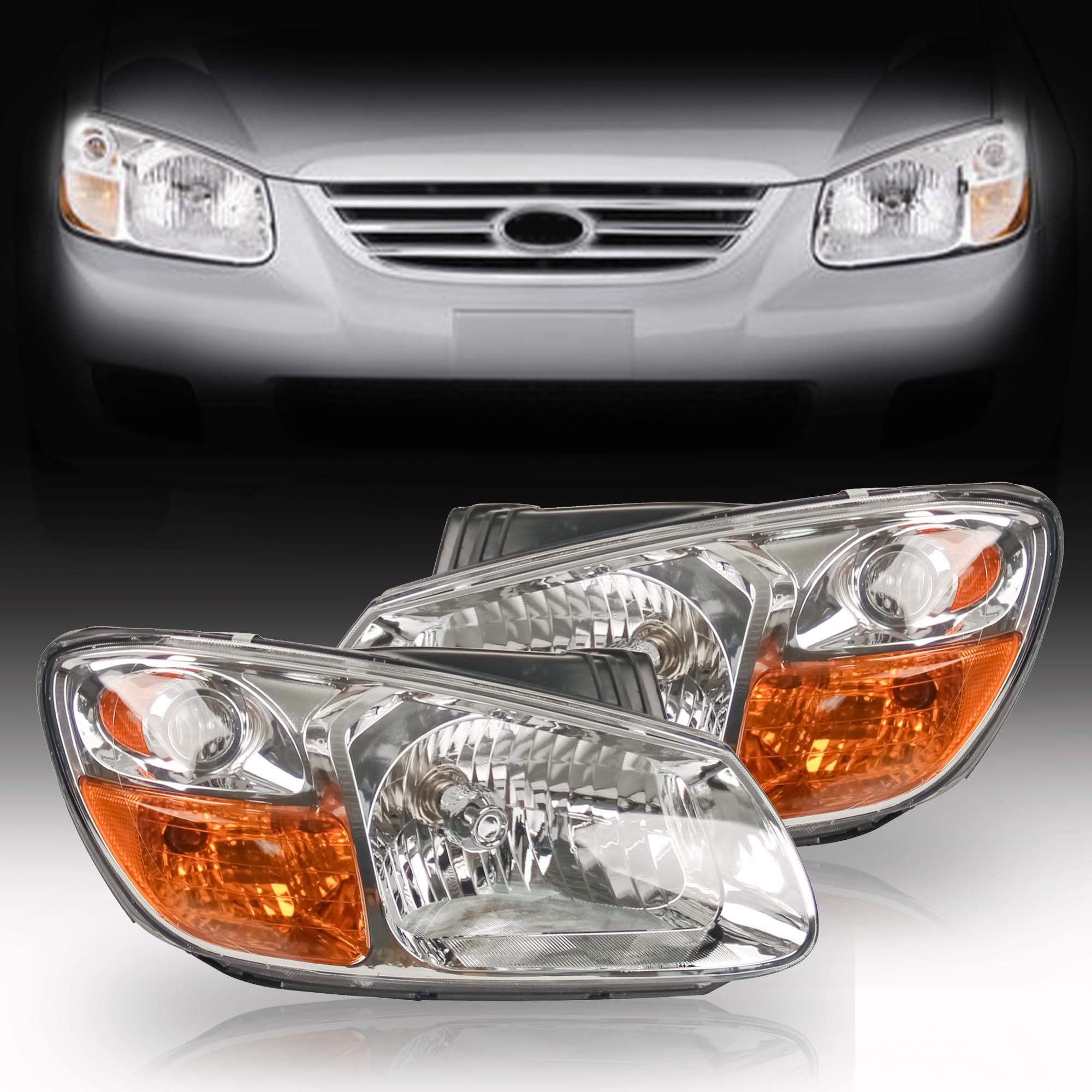 PartsFlow 2PCS Halogen Headlight Assembly Chrome Housing Clear Lens Headlamp Left And Right Side For 2007 2008 2009 Kia Spectra 