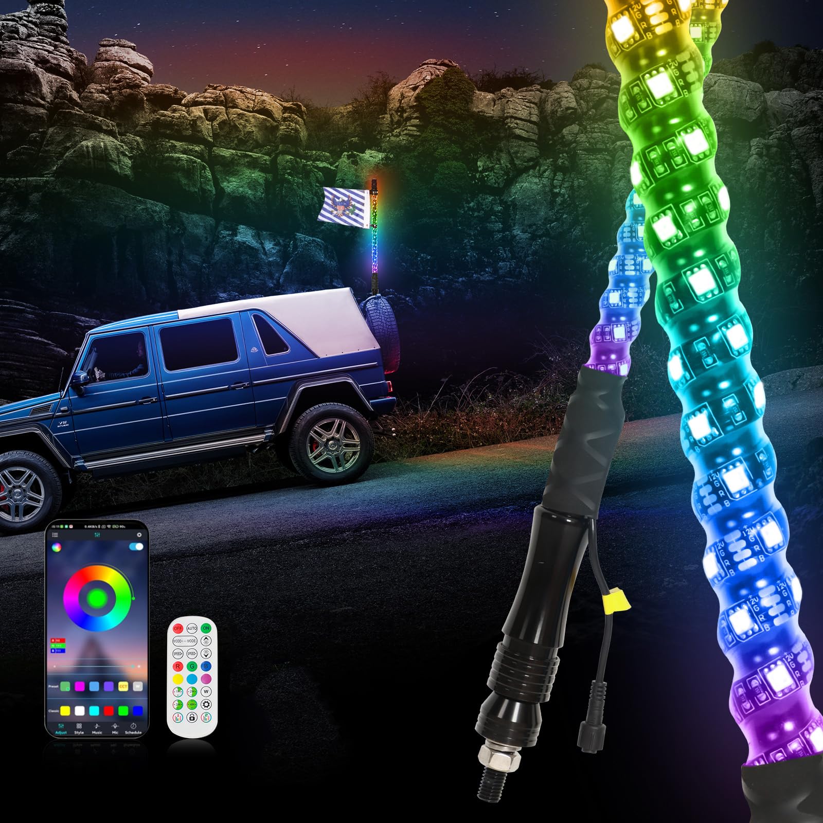 1PC 2FT RGB LED Whip Light with App & Remote Control, Led Whip Light Side by Side, Spiral RGB Chasing Lighted Antenna Whips for 