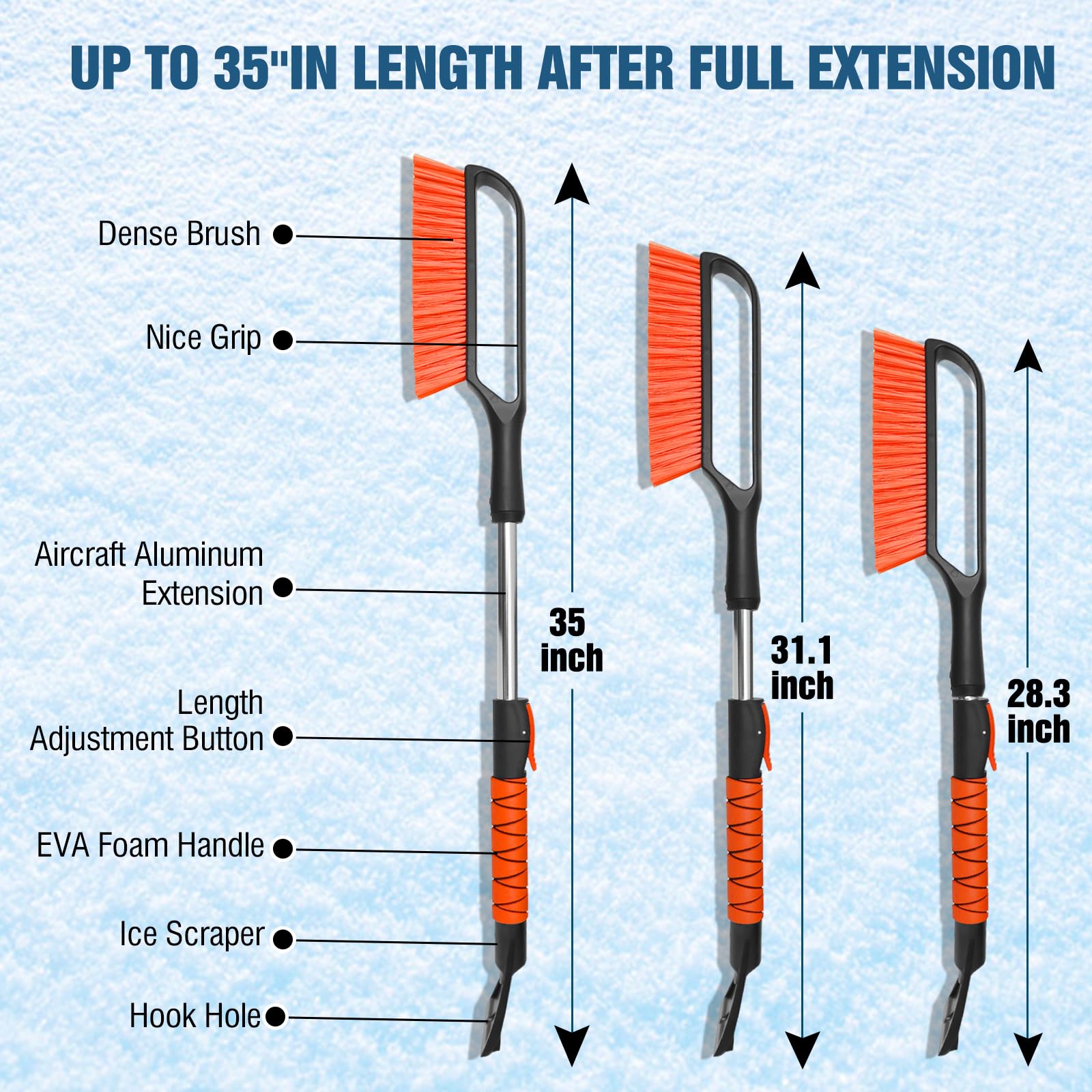 YeewayVeh 35" Ice Scraper & Snow Brush, Extendable with Foam Grip, Detachable, Scratch-Free, Orange, Model YW-P00007