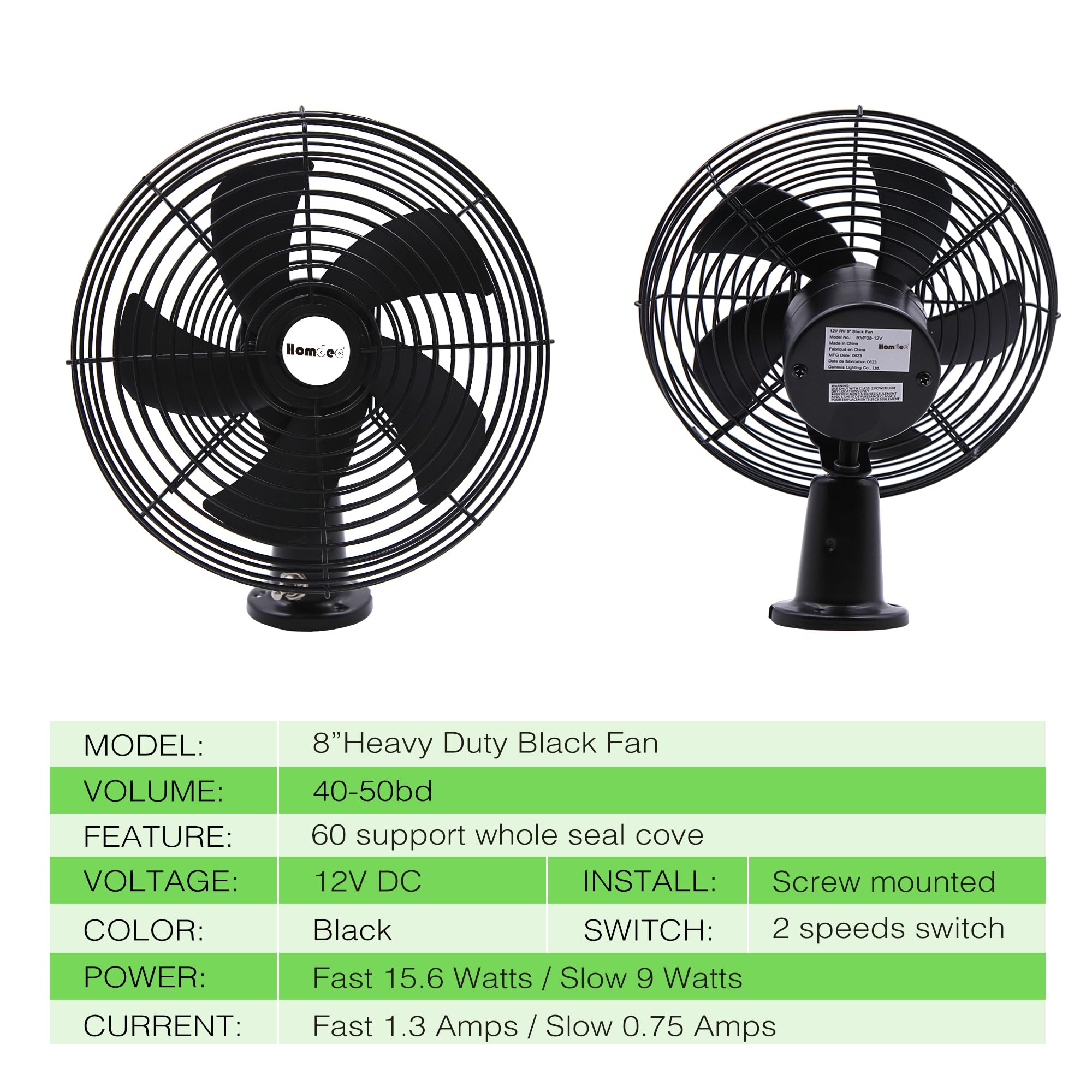 Homdec 12V RV Cooling Fan - 8.75-Inch Heavy Duty Black Metal Fan with 2-Speed Switch for Auto, Truck, RV, Car, Boat, and Buses
