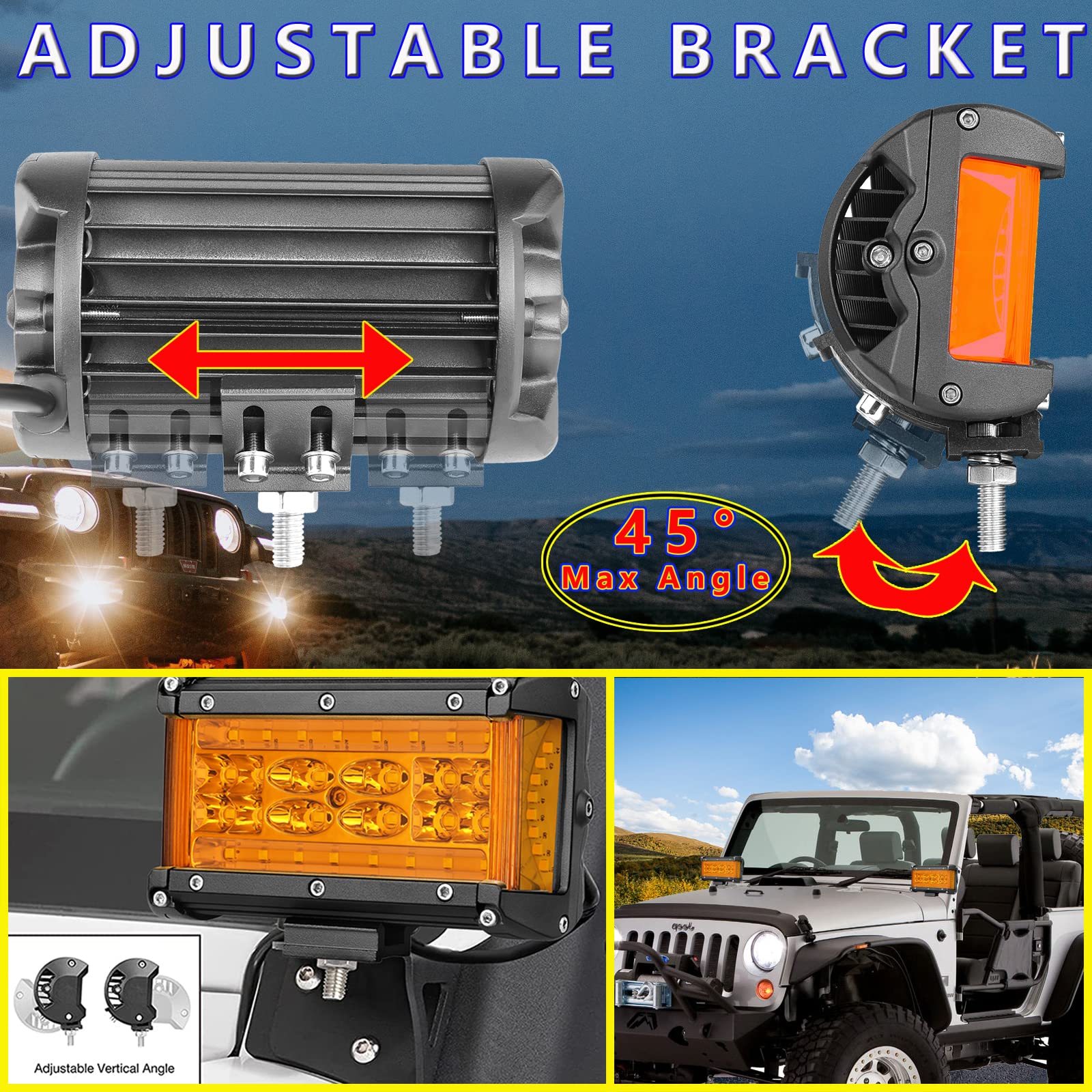 Side Shooter Led Pod Lights, Muto-Beam 2Pcs 5 Inch Quad Row Amber Light Pods Led Fog Lights Off Road Driving Lighting Spot Flood