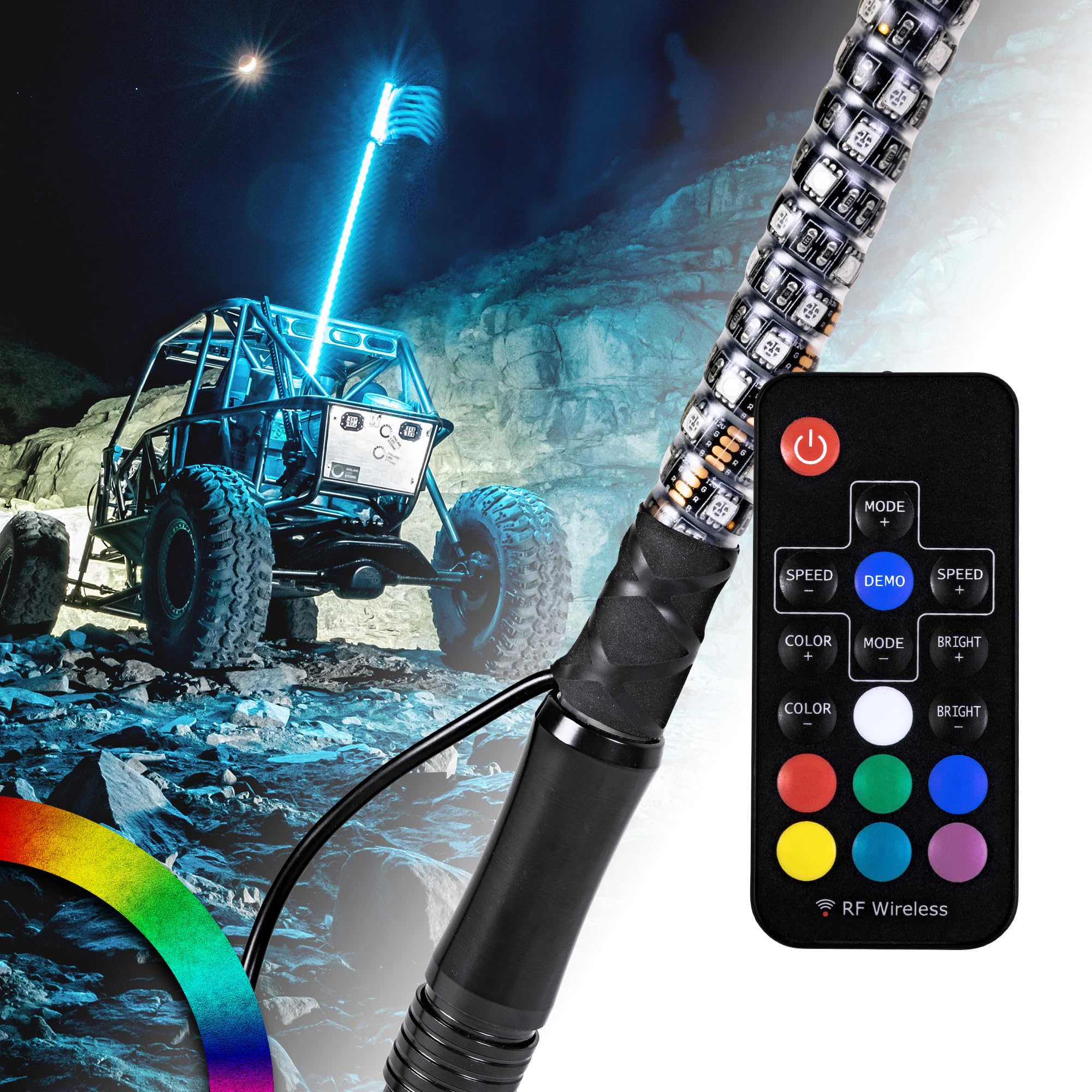 True Mods 5Ft Spiral Rgb Led Whip Light For Utv Atv [Rf Wireless Remote] Usa Flag Waterproof Led Lighted Whip Cb Antenna Pole St