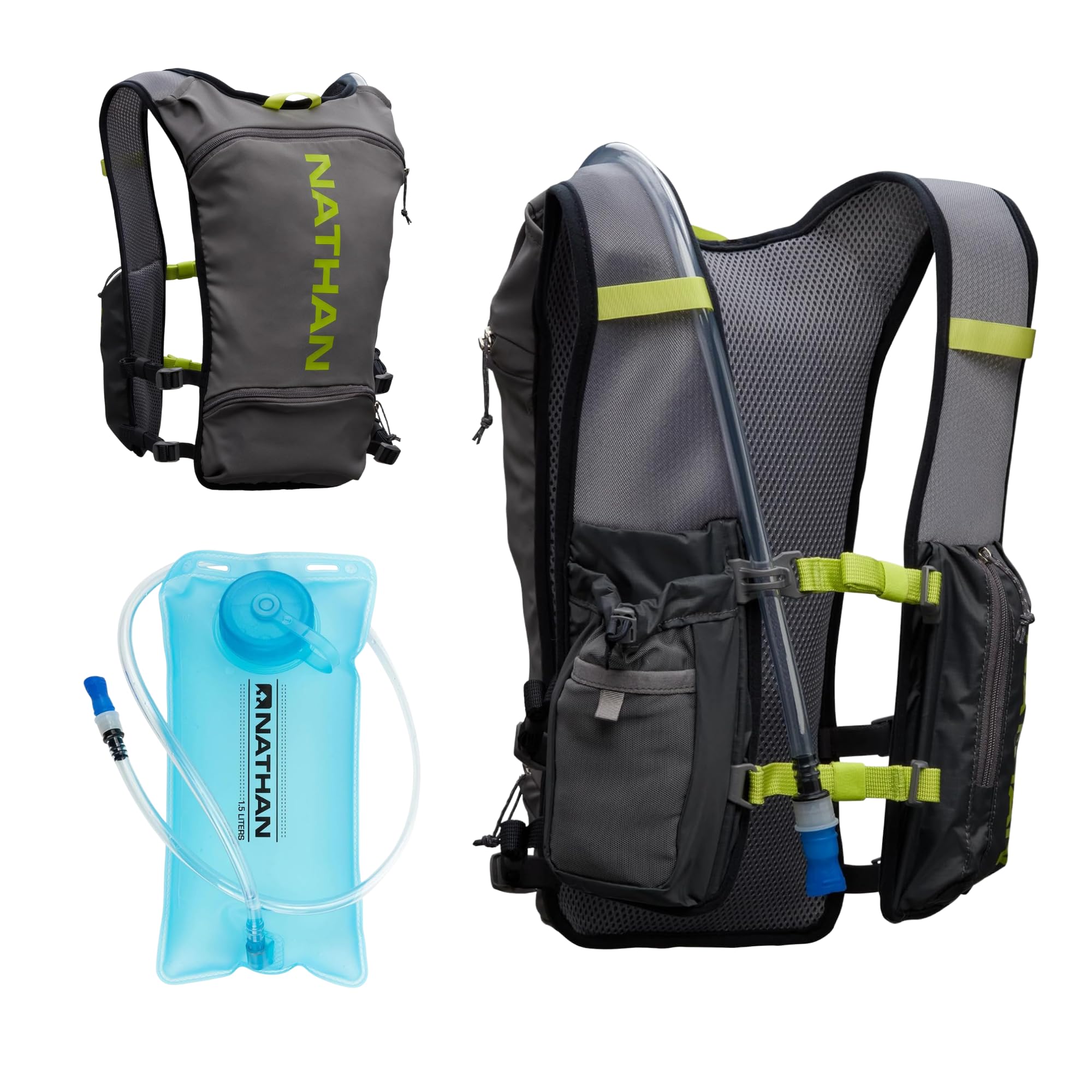 NathanQuickStart 2.0 4 Liter Hydration Pack with 1.5L Bladder, Front & Back Pockets for Essential Storage, Breathable & Moisture