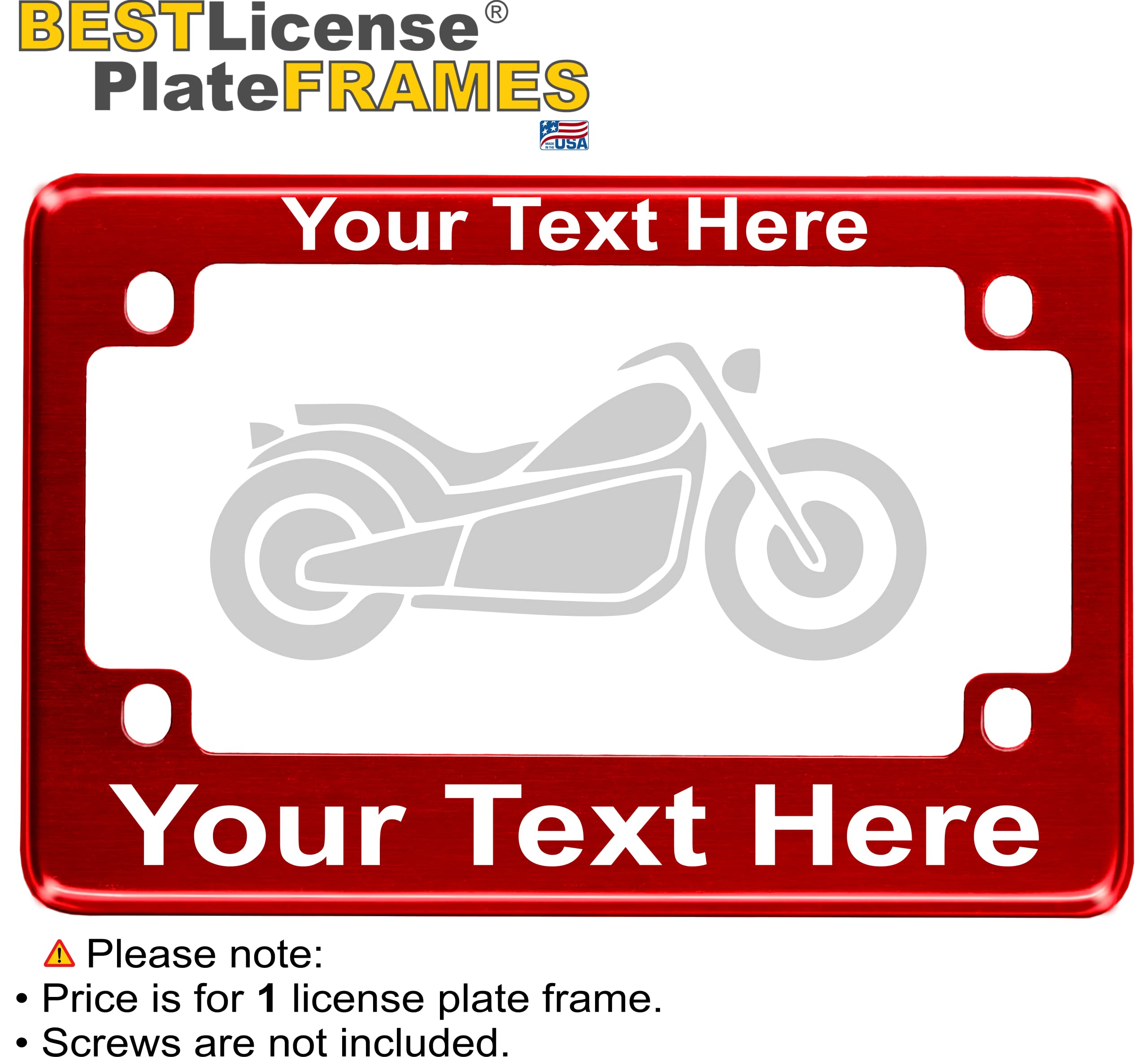 Motorcycle Personalized With Custom Text Design - Anodized Aluminum Laser Etched Standard Size License Plate Frame - Red