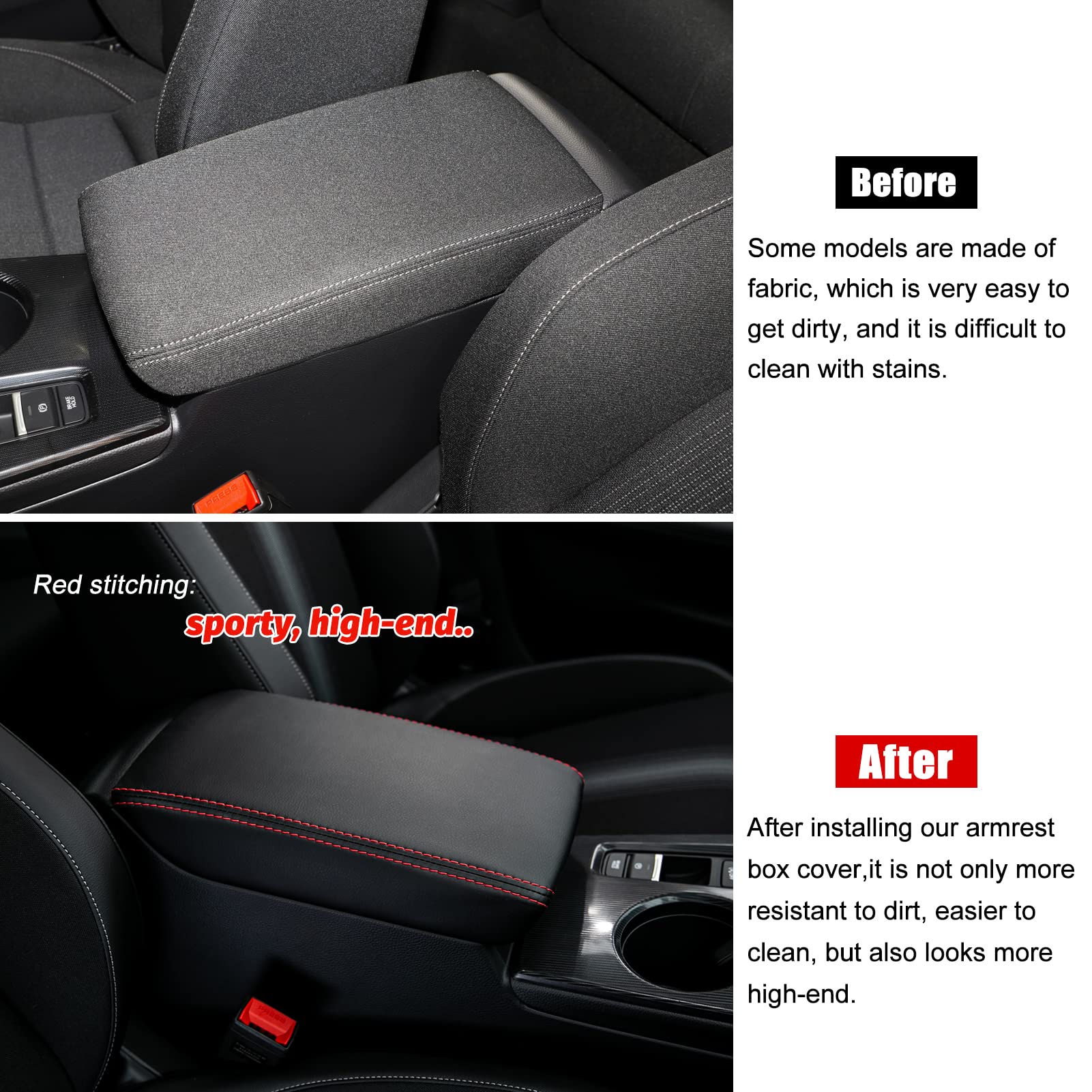 CKE Armrest Cover for Honda Civic 2022-2026 - Black (Red Line), Leather, CVT, Storage Box Lids, Seat Protector