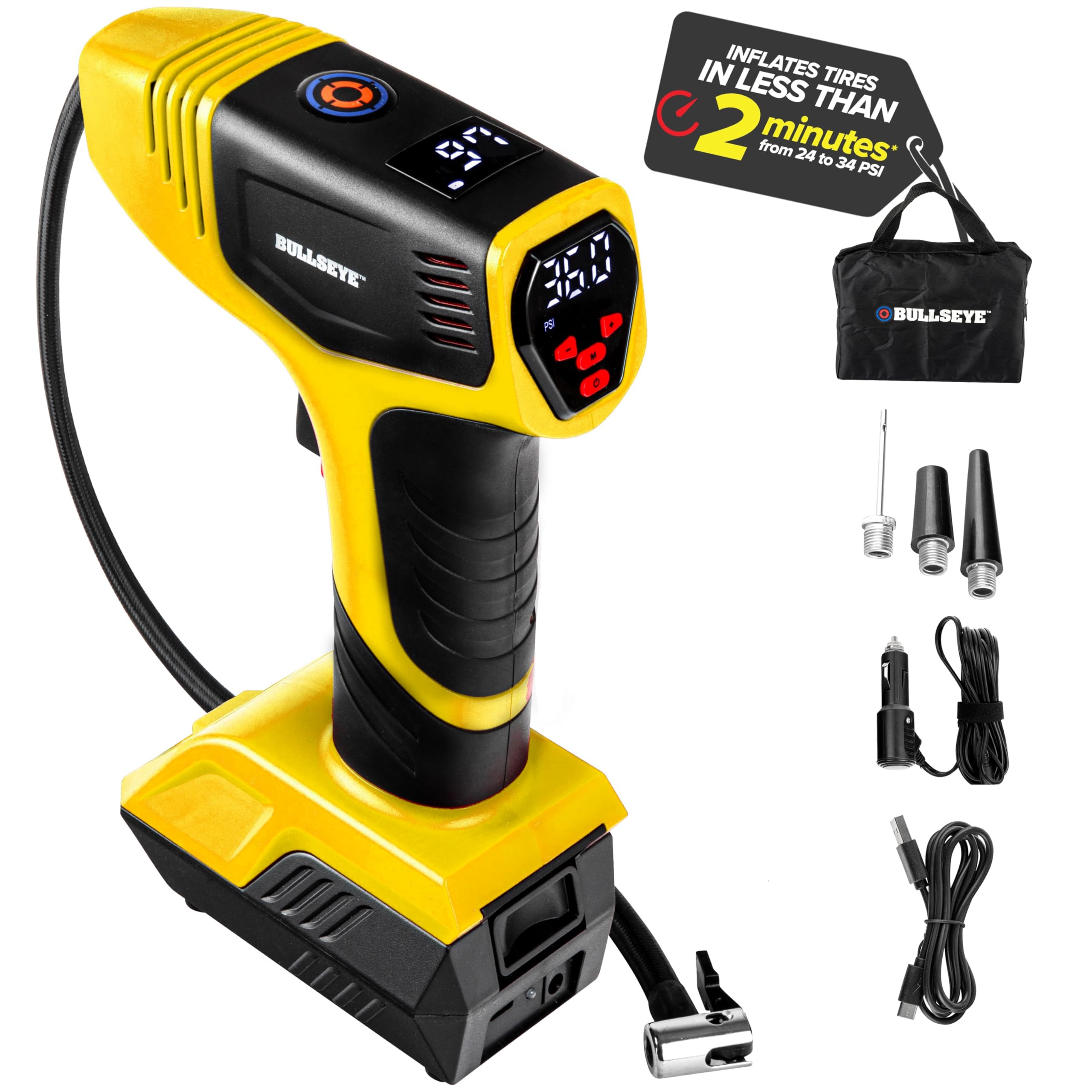 Bullseye Pro Tire Inflator Portable Air Compressor, Car Tire Inflator Portable, Portable Air Pump for Car Tires - 150PSI, 12V DC