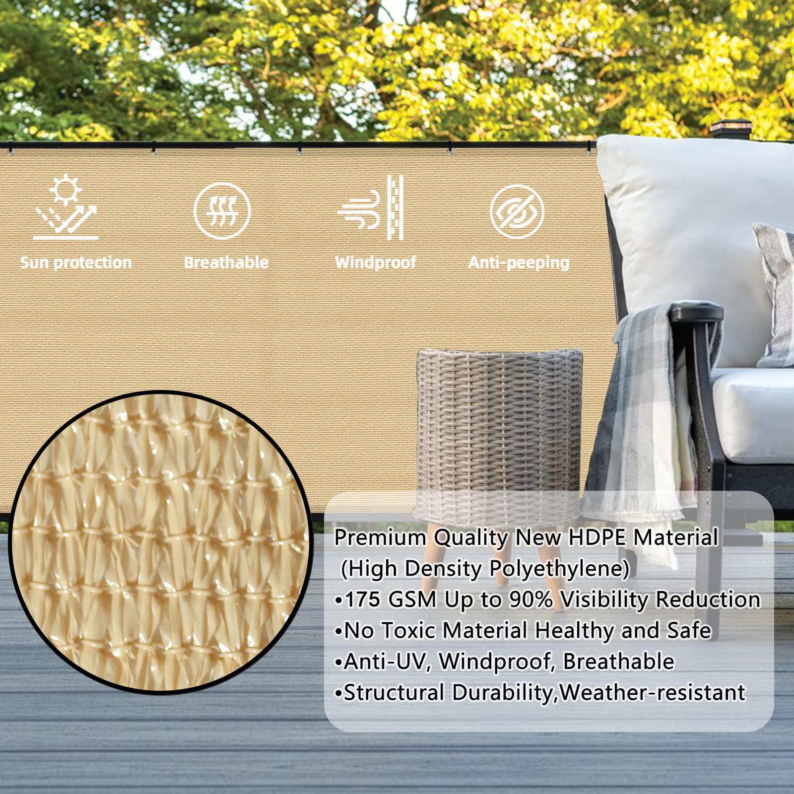 Sunlax 3X10 Sand Balcony Privacy Screen Fence Windscreen Cover Fabric Shade Netting Mesh Cloth With Grommets Uv Protection For P