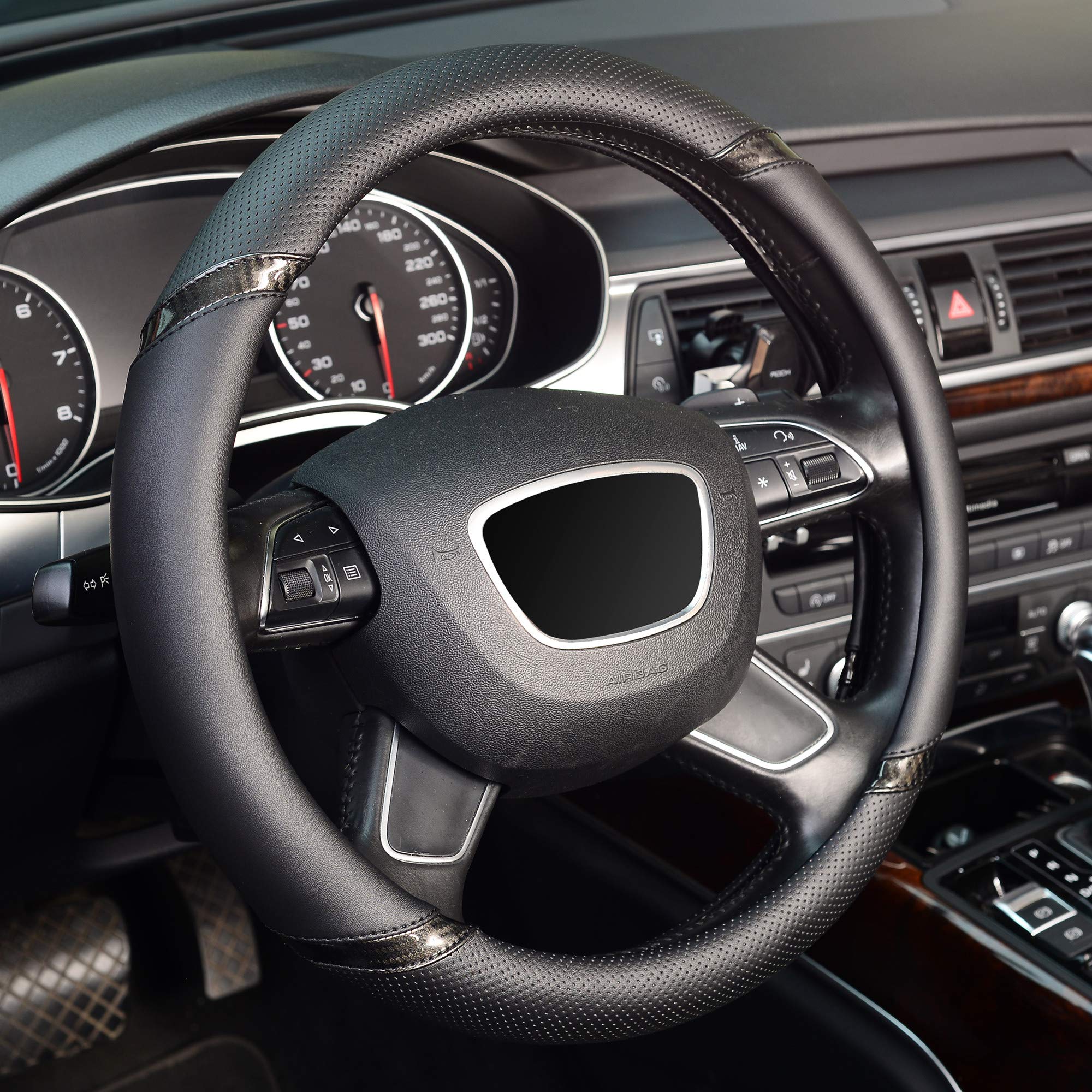 Kafeek Steering Wheel Cover, Universal 15 Inch, Microfiber Leather, Anti-Slip, Odorless,Black