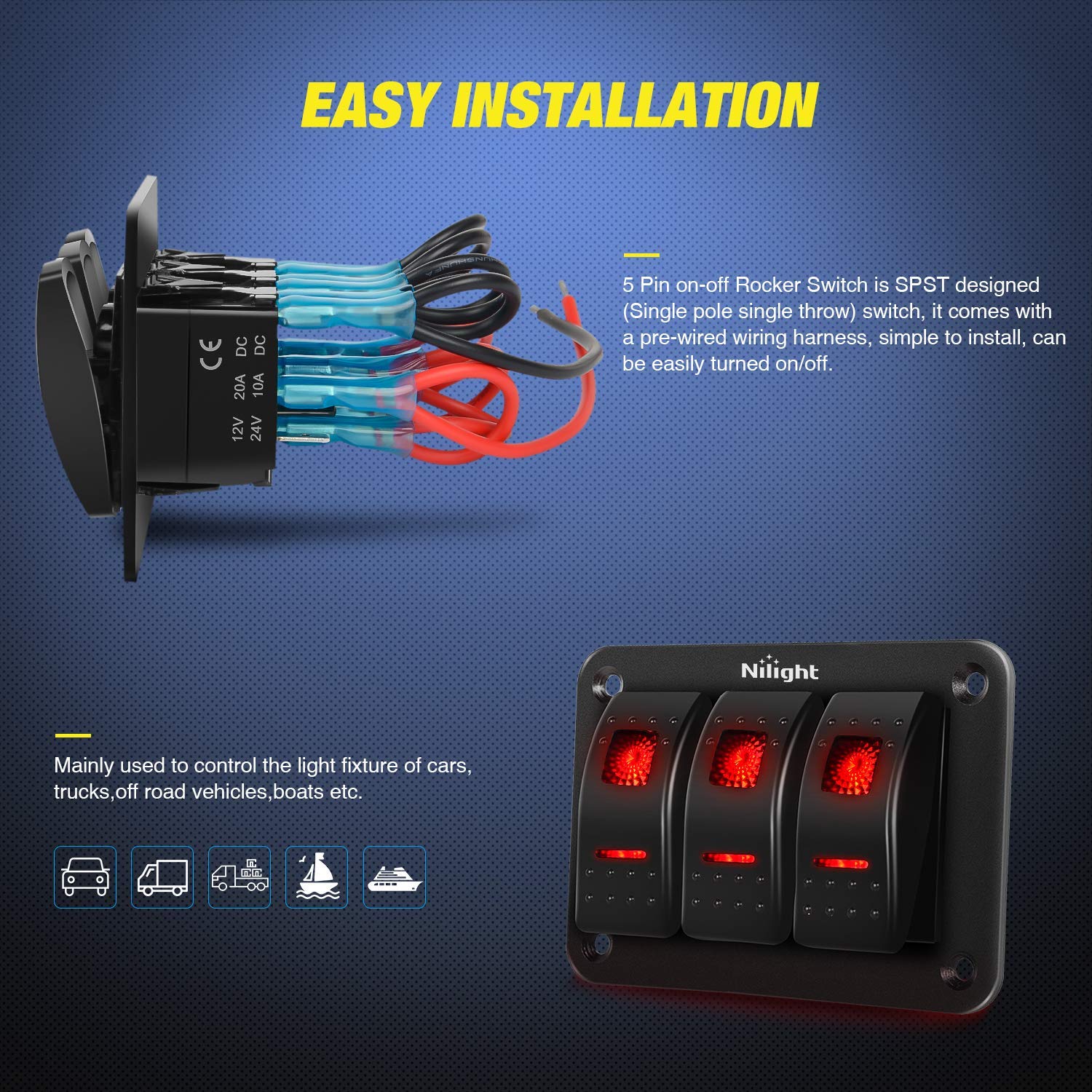 Nilight - 90019C 3 Gang Aluminum Rocker Switch Panel Toggle Dash 5 Pin On/Off Pre-Wired Rocker Switch Red Backlit Switch For Aut