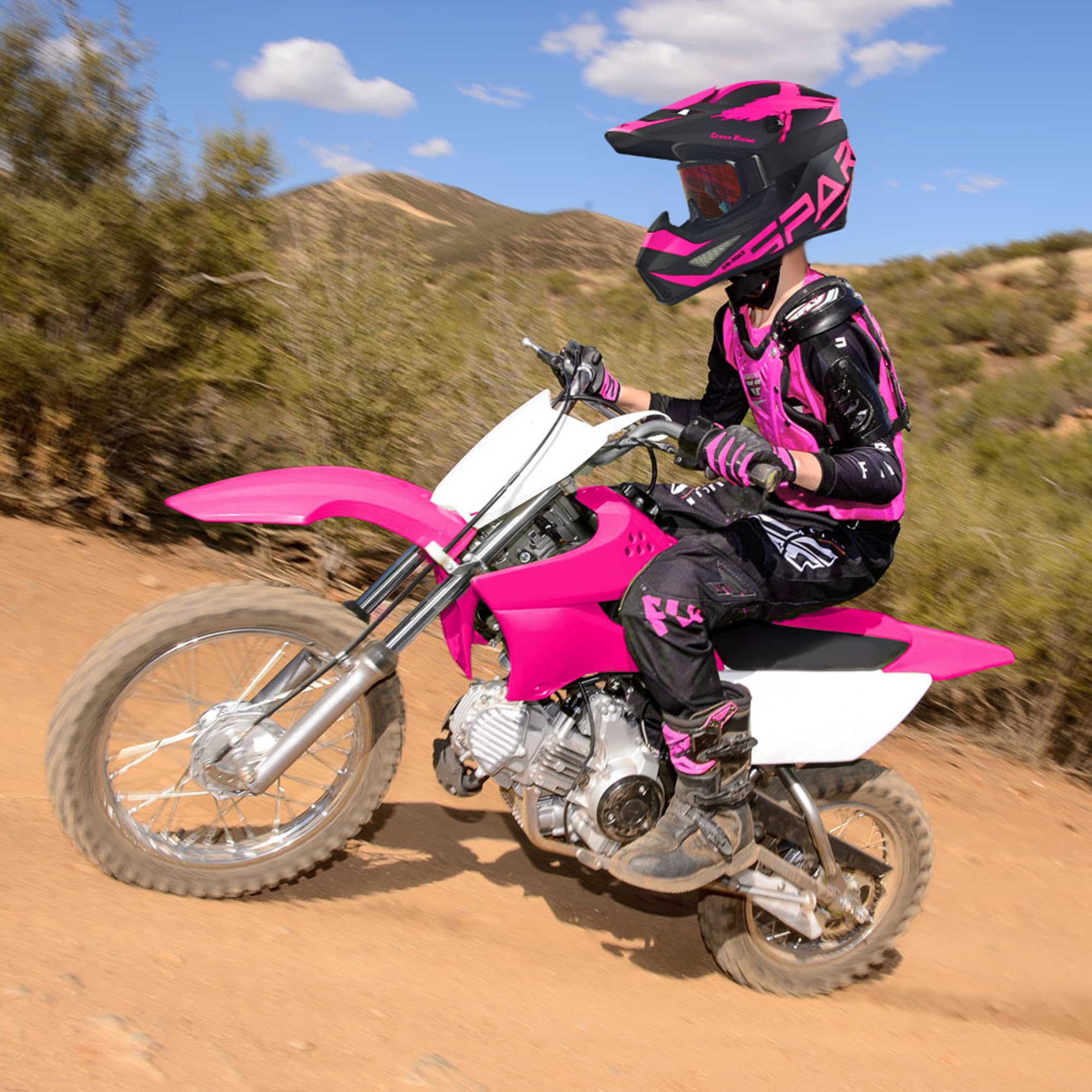 SanQing Motocross Helmet, DOT Certified, Medium, 01 Pink, Includes Gloves, Goggles, Mask - Youth & Adult ATV/Dirt Bike/BMX
