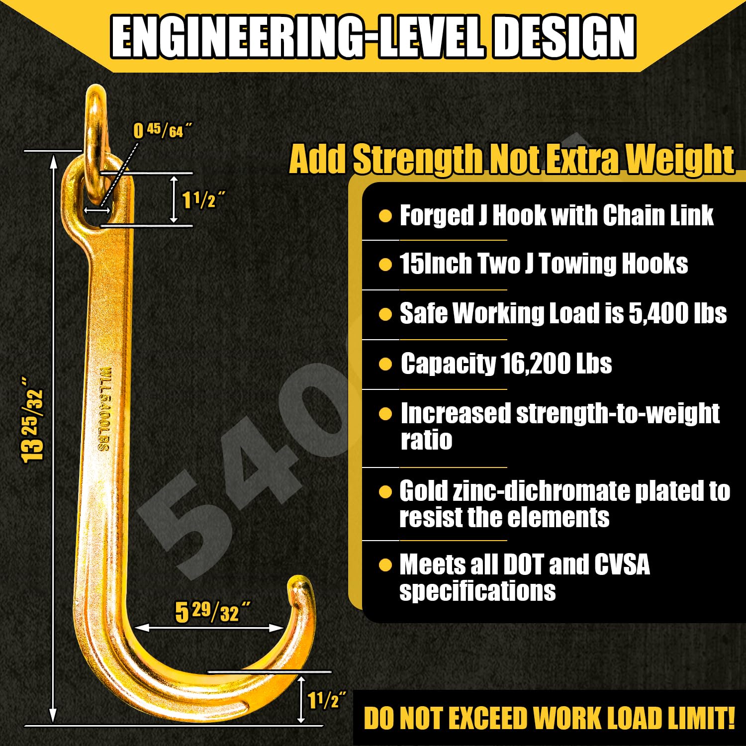 Yatointo Pair Of 15'' J Hooks For Towing - G70 Steel With Chain Links, 5400 Lb Capacity - Heavy Duty Tow Hook Fits Tractors, Tra
