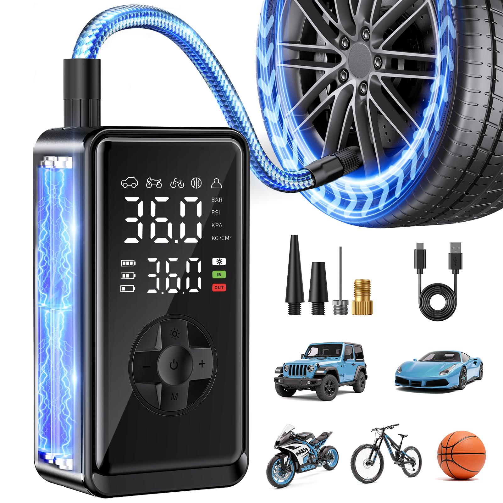 Tire Inflator Portable Air Compressor, Auto Air Pump for car tires with Digital Tire Pressure Gauge, Dual Digital LCD, Pocket Ai