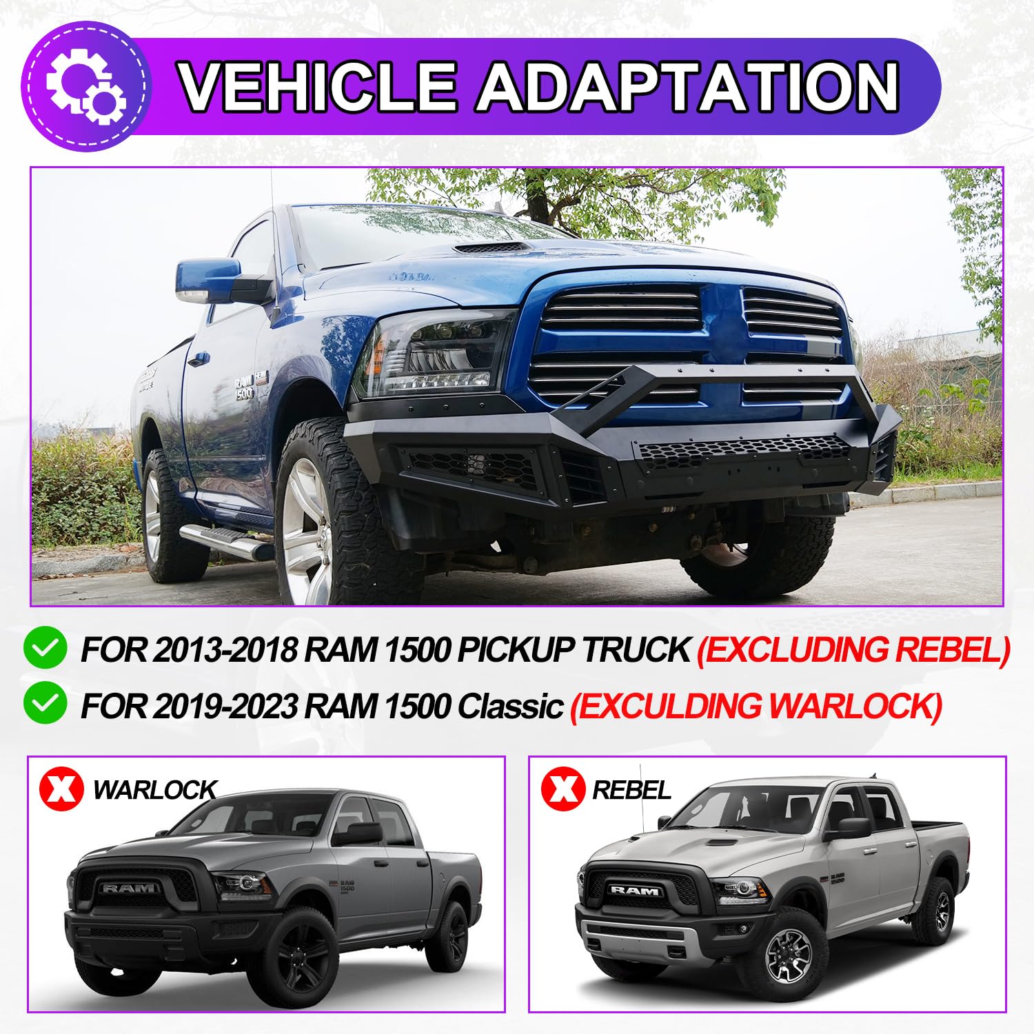 Nixon Offroad Front Bumper For 2013-2018 Dodge Ram 1500 Pickup Truck(Excluding Rebel) / 2019-2023 Ram 1500 Classic(Excluding Warlock) Heavy Duty Steel Bumper With Light Bracket & Licence Plate Bracket