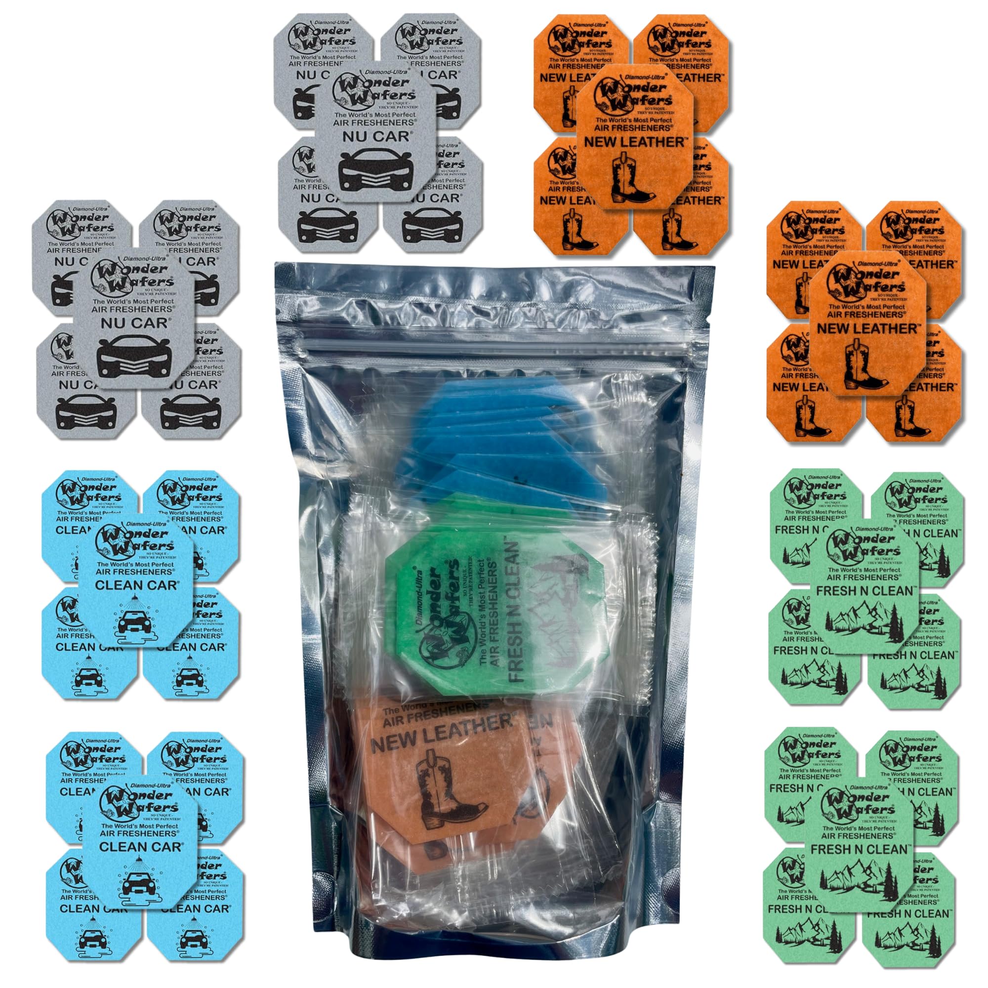 Wonder Wafers 40 Pack Car Air Fresheners - 4 Scent Bundle Variety Pack: Nu Car, New Leather, Clean Car, and Fresh N Clean - 10 I