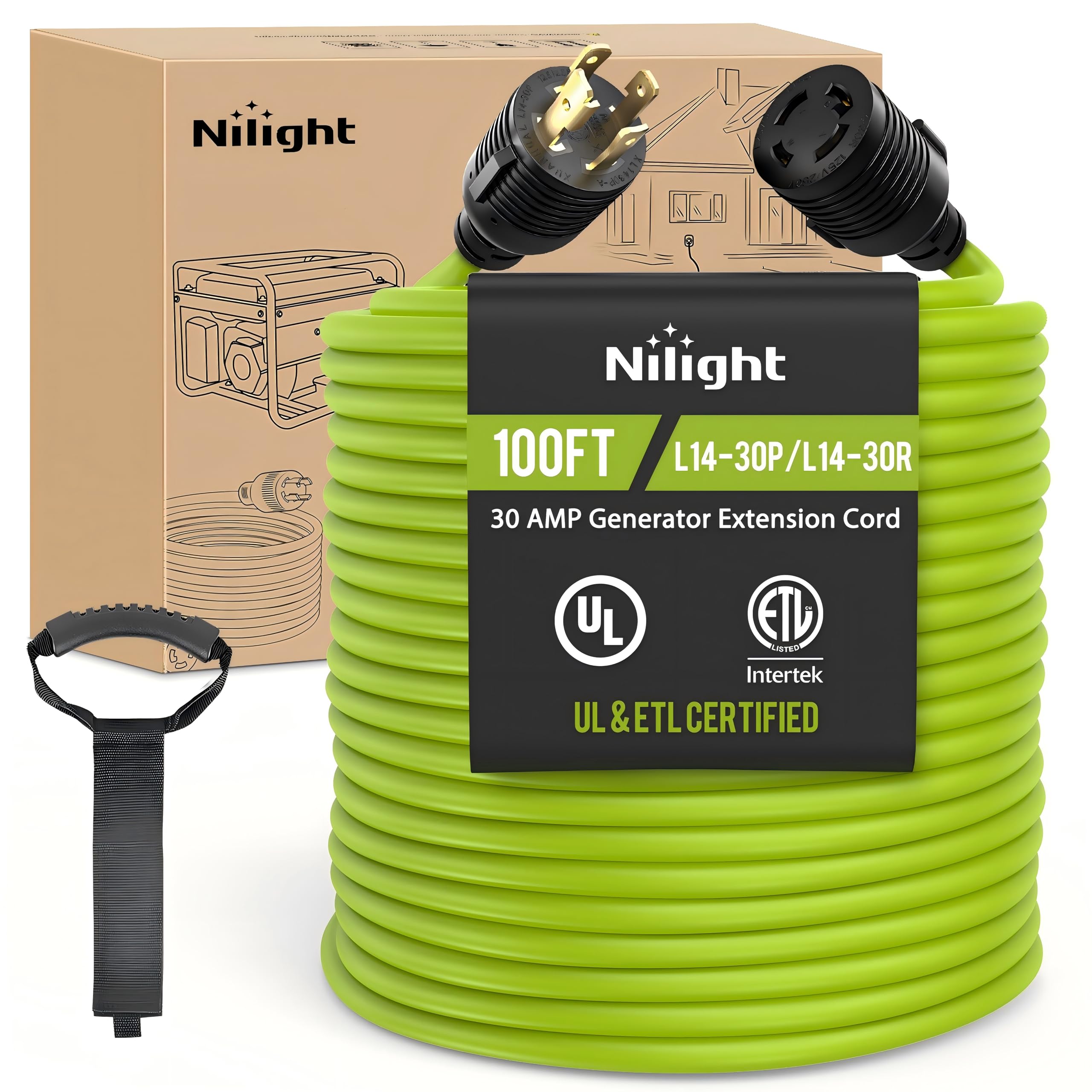 Nilight 100Ft 30Amp Generator Extension Cord 125V Heavy Duty 10/3 Gauge Pure Copper Stw Wire Ul Etl Listed 3 Prong L14-30P L14-3