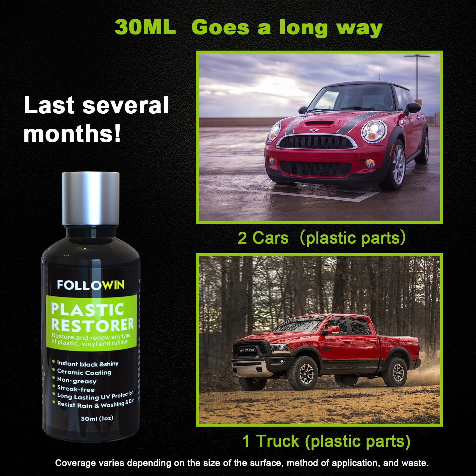 FOLLOWIN Plastic Restorer - Ceramic Coating for Cars, Hydrophobic Trim, 30ml, Clear, Model AU002-01