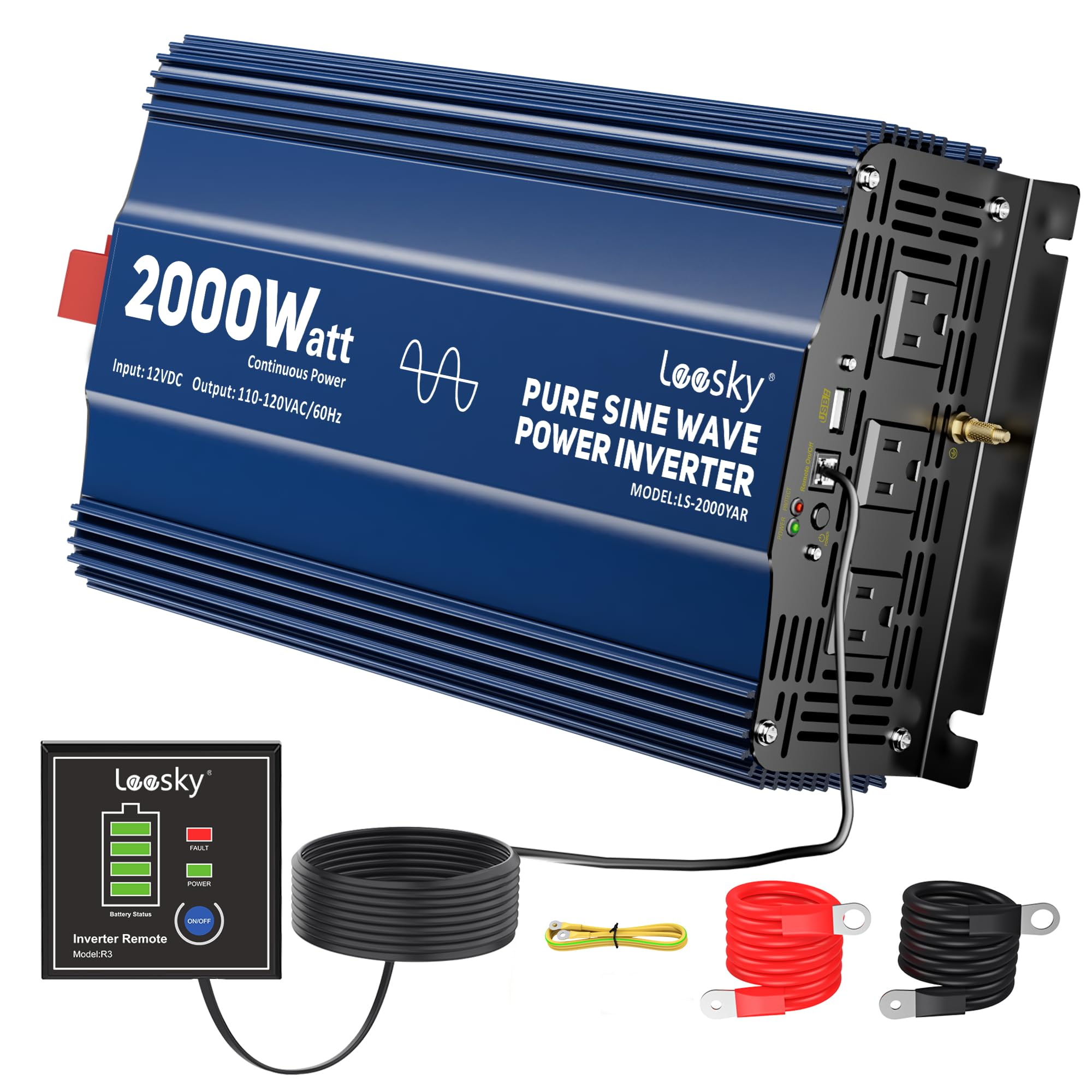 LEESKY 2000 Watt Pure Sine Wave Inverter 12V DC to 120V AC Converter for RV Truck Off-Grid Solar Home Power Inverter with 3 AC O