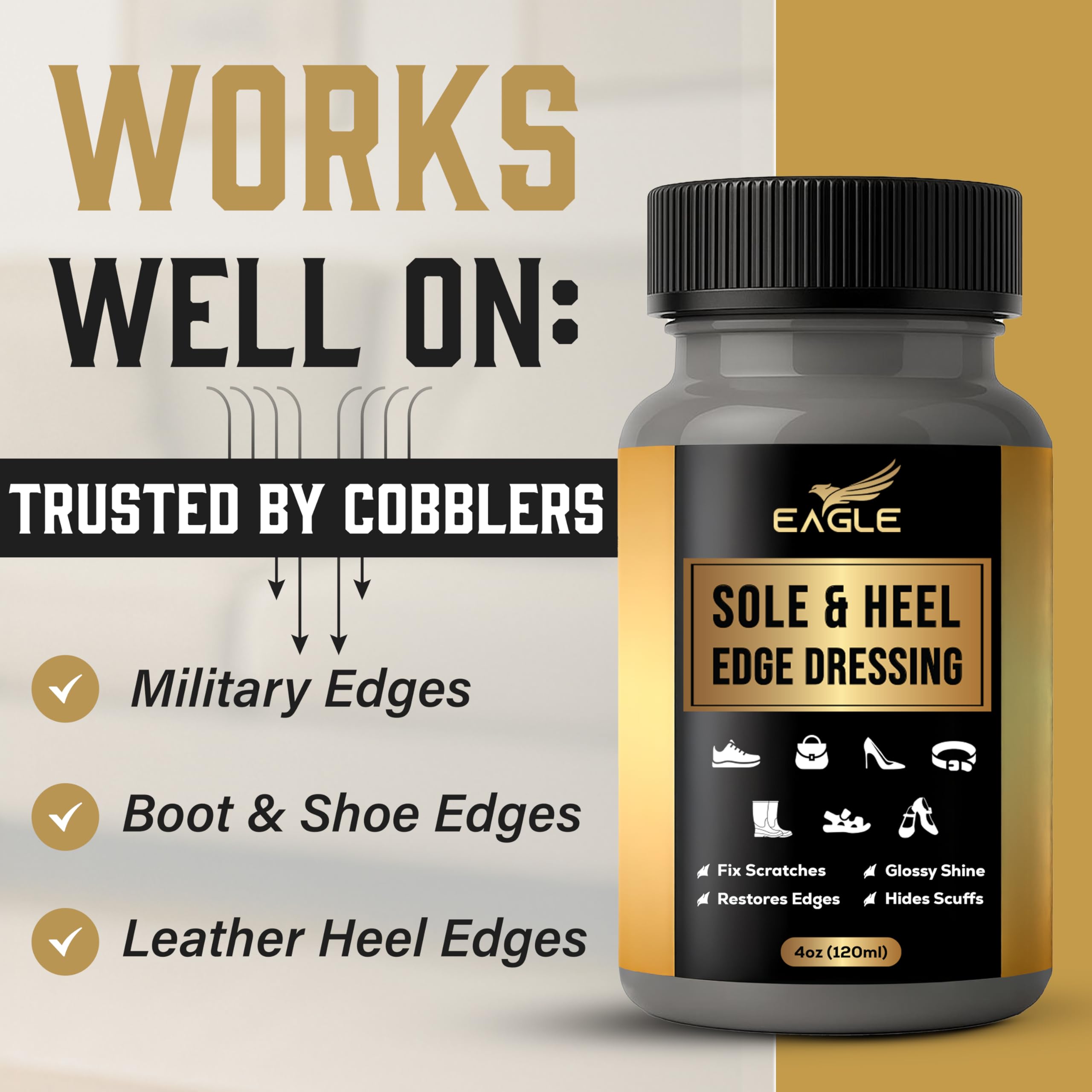 Eagle Sole and Heel Edge Dressing Black - High Gloss Shoe Polish for Leather Soles & Heels - Protective Liquid Edge Dye with Bui