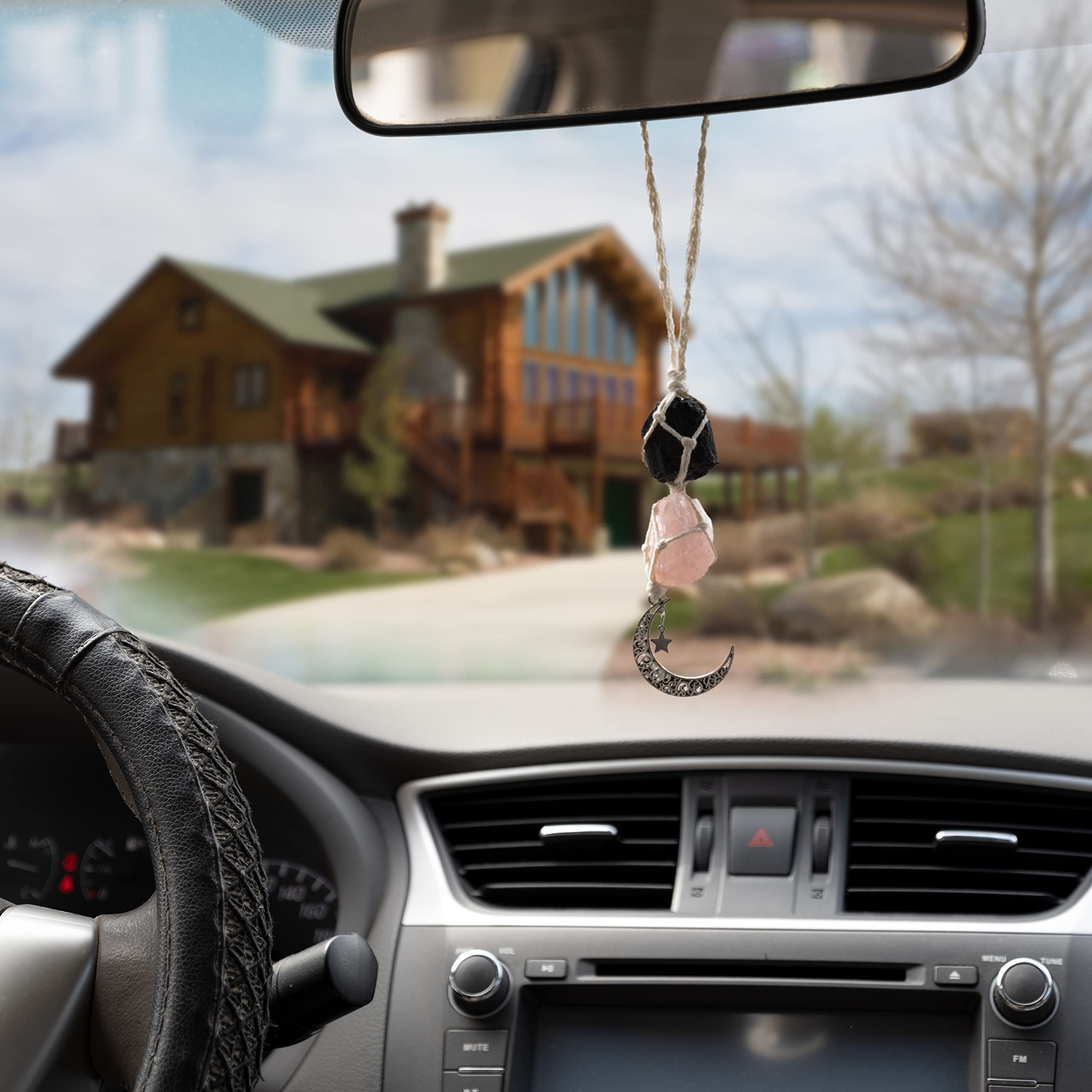 Boho Garden Hanging Car Charm - Black Tourmaline & Rose Quartz - Dangling Moon, Healing Crystal Accessories, Rearview Mirror Decorations - Grounding, Confidence, Protection, Love, Self-Worth, Energy