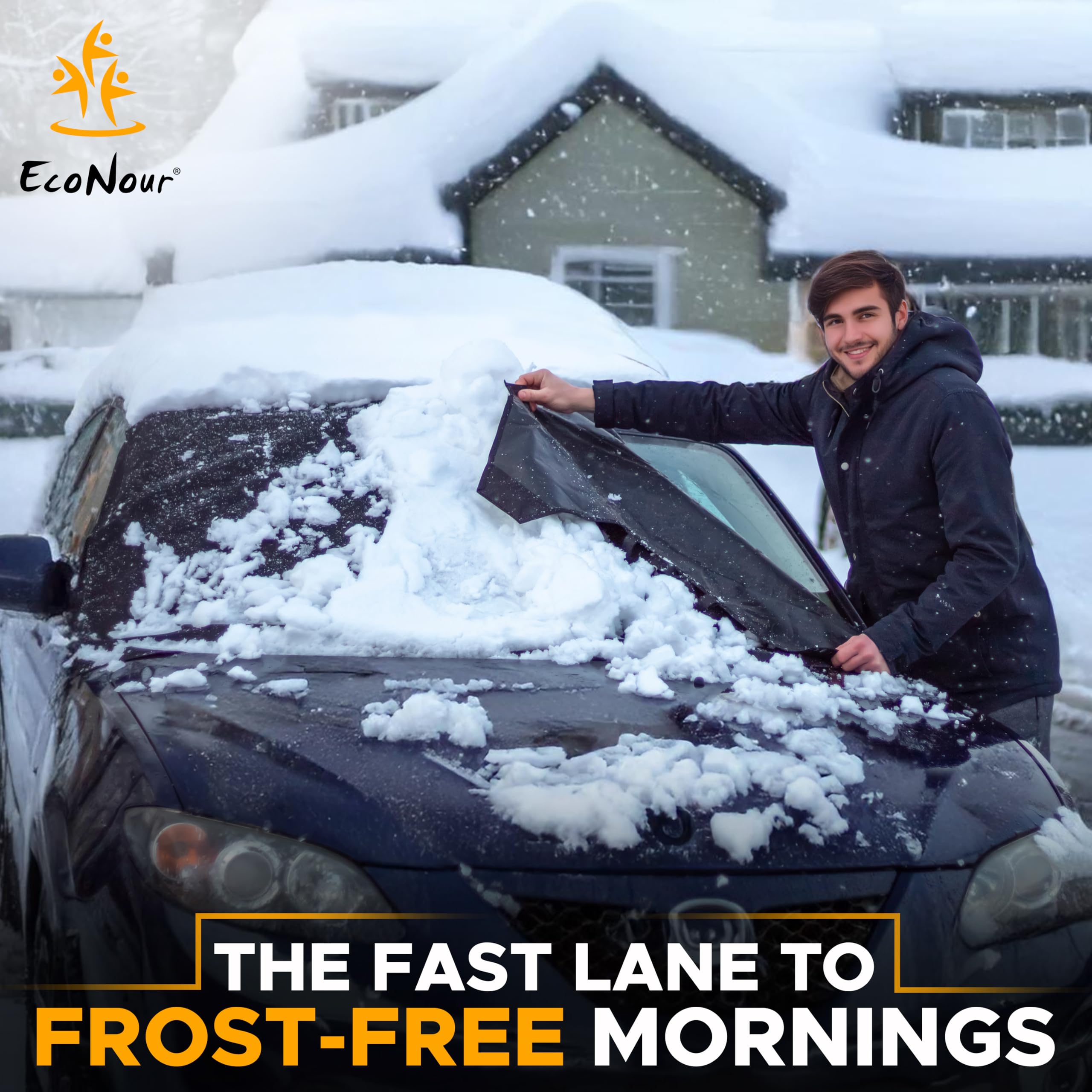 EcoNour Windshield Cover - 600D Oxford Fabric, Water & Heat Resistant, 69x42 Inch, Black, Model EcoSnowCoverBlaS_06942