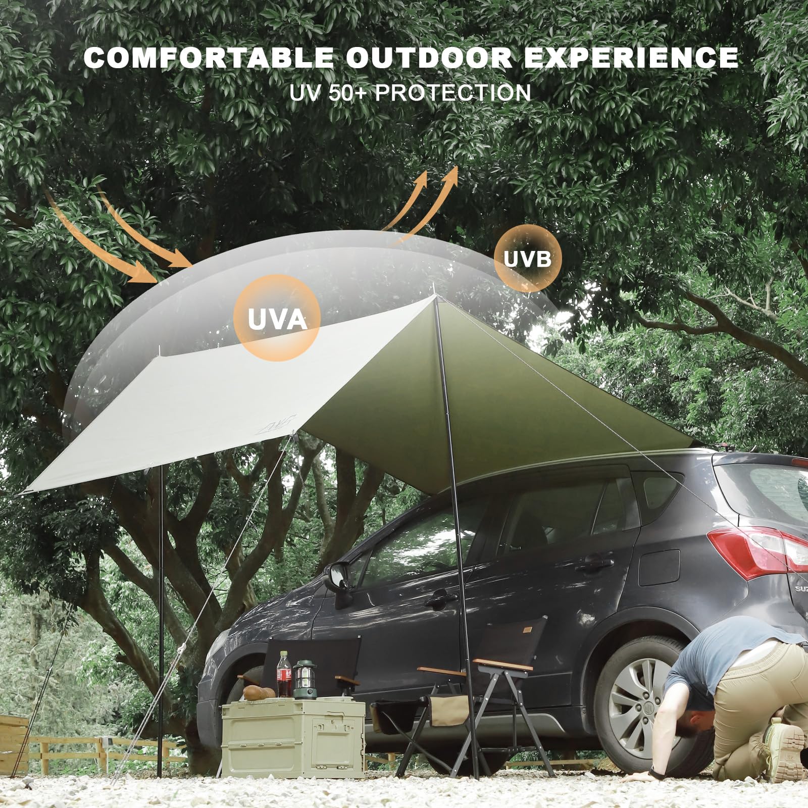 FEIWOOD GEAR Portable Car Awning - Waterproof UV50+ 10x5.6ft Dark Green for SUVs & Vans