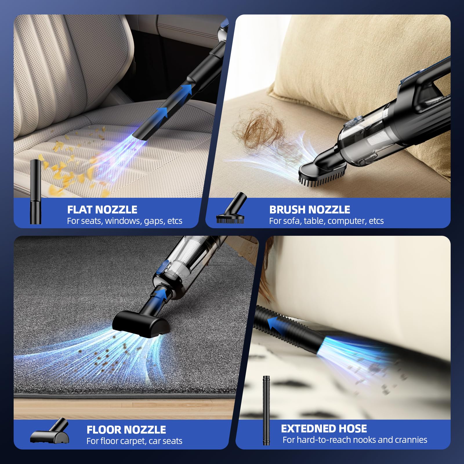 MONOZEL Portable Cordless Car Vacuum Cleaner, 18000Pa, 130W, 7800mAh Battery, Blue, Model VC026, 2-in-1 with LED Light