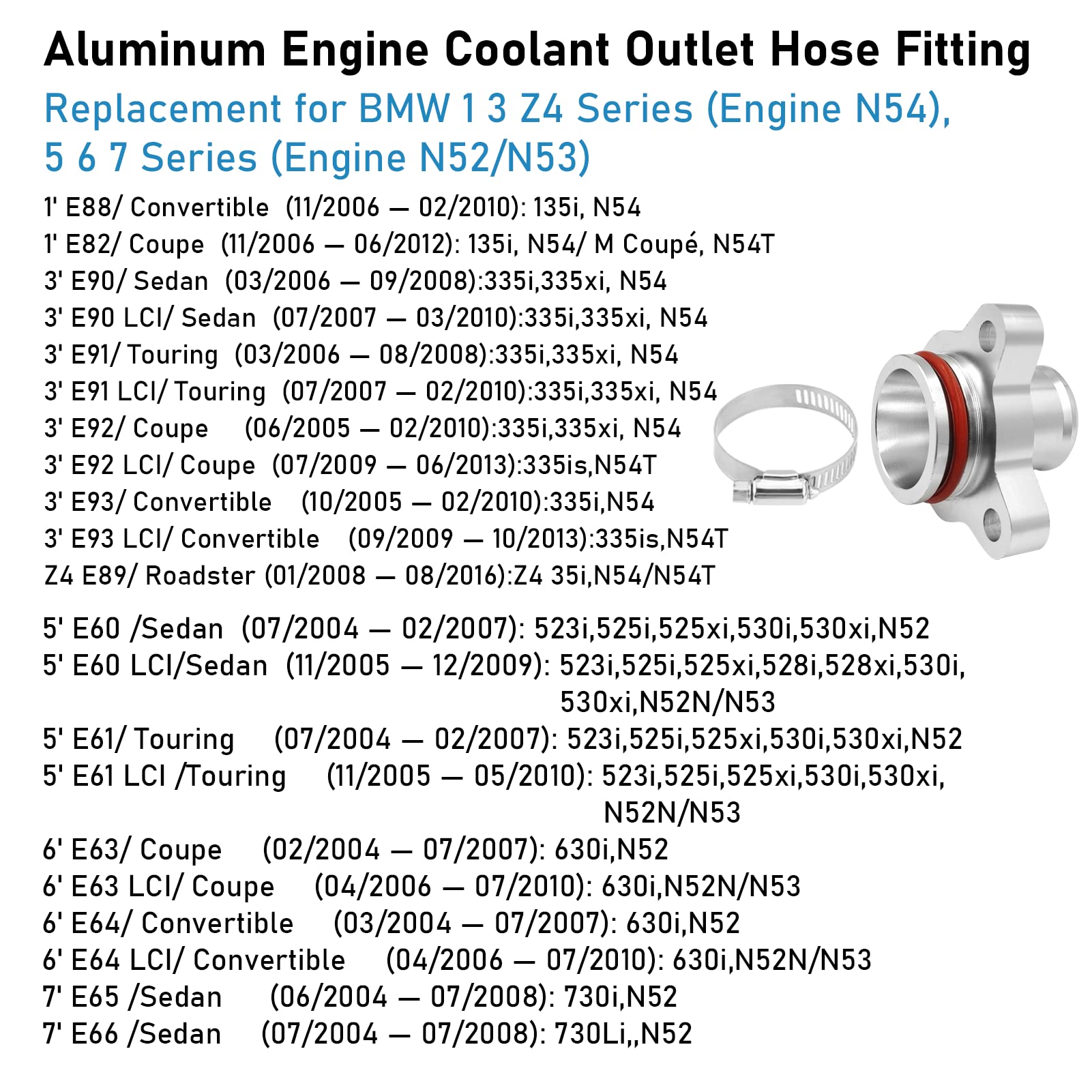 Aluminum Water Hose Fitting Replacement For Bmw 1 3 5 6 7 Z4 (Engine N52 N53 N54 And N51 3.0-Litre),Replace For 11537541992 1153