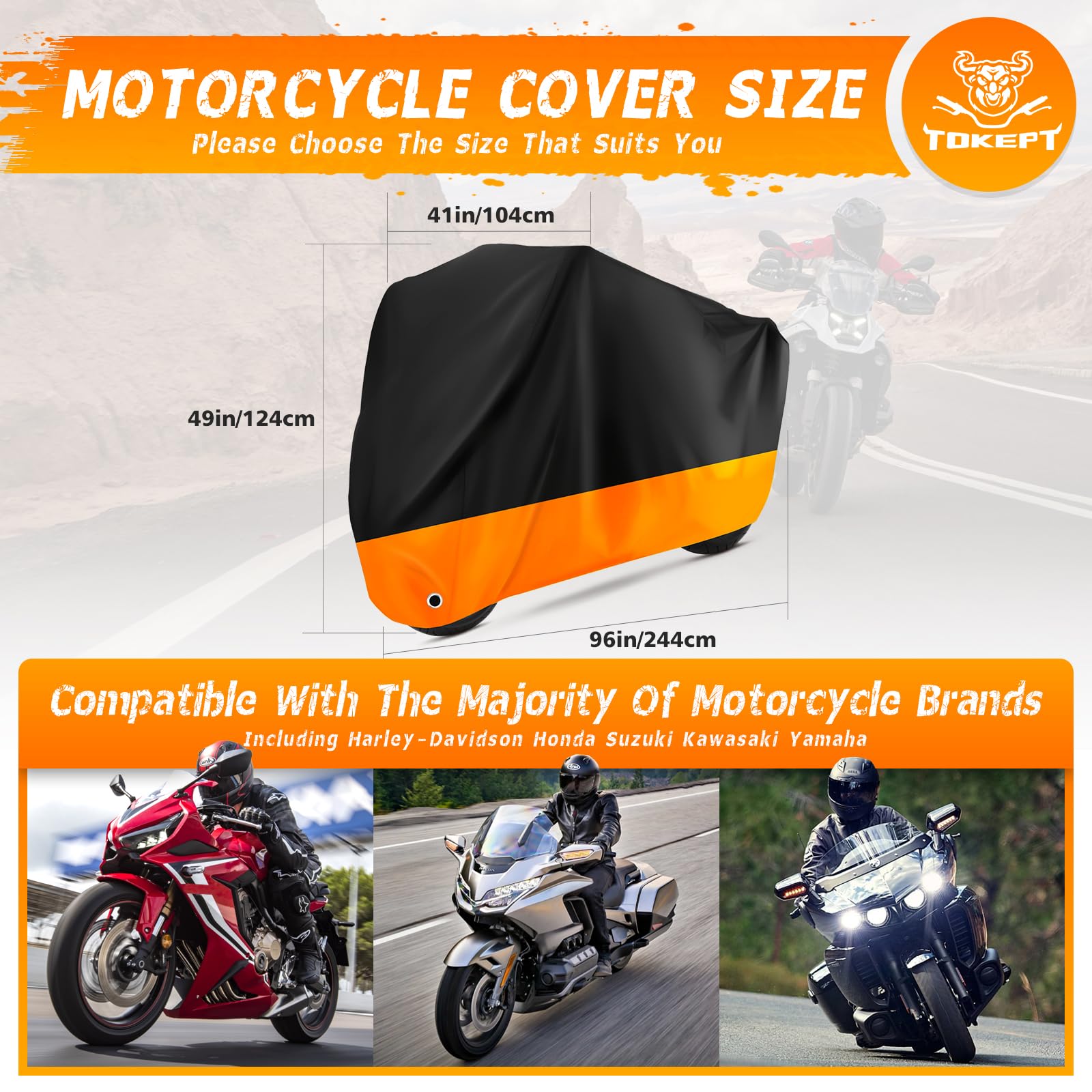 Tokept Motorcycle Cover All Season Universal Waterproof Sunscreen Outdoor Protection with Lock-Holes & Storage Bag Fits up to 96