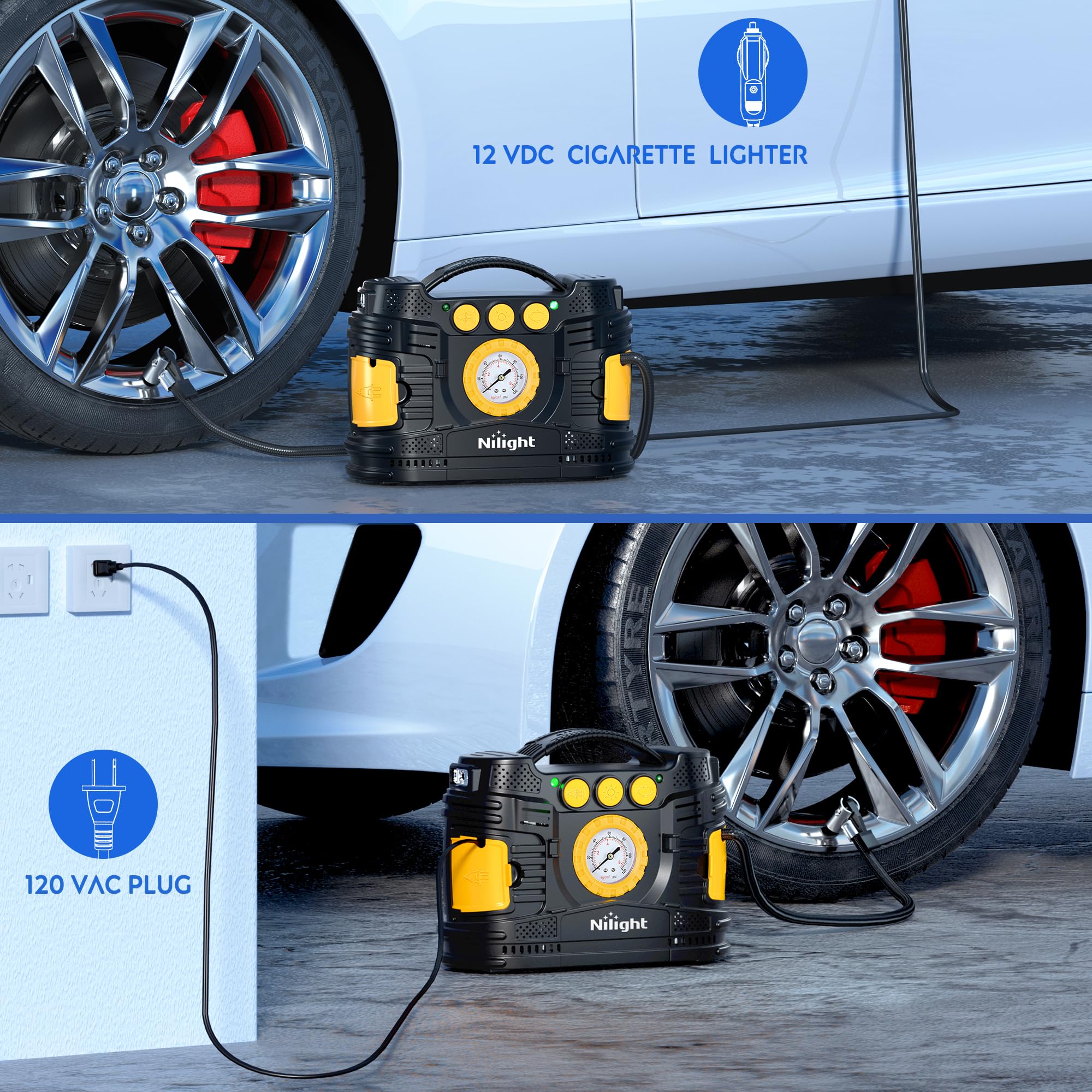 Nilight Tire Inflator Portable Air Compressor Dual Power For Car 12V Dc Home 110V Ac Tire Pump W/Analog Pressure Gauge Fast Infl