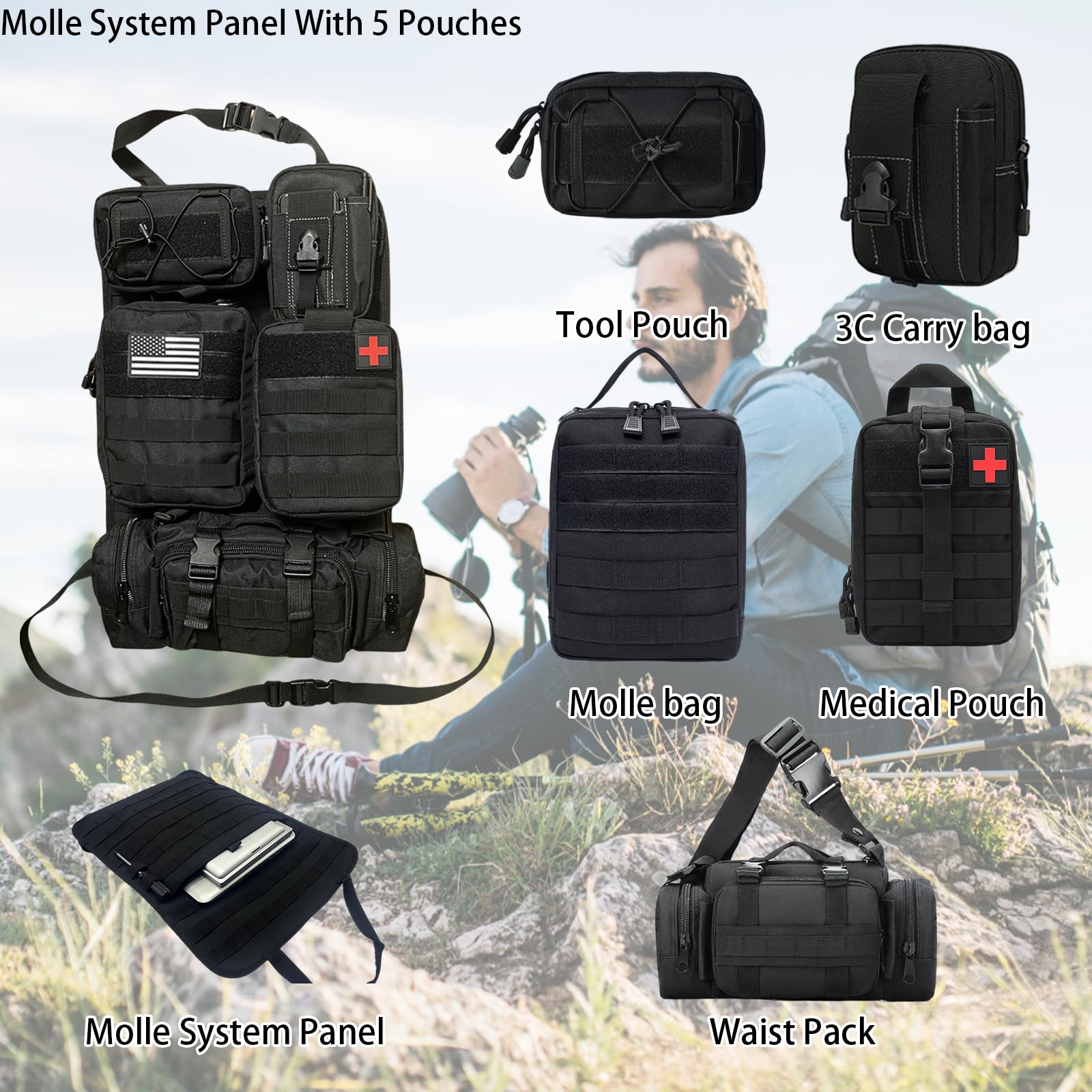 MEAUTELE Tactical Molle Car Seat Back Organizer - 6 Pack with 5 Detachable Pouches, 1000D Nylon, Black for Trucks & SUVs