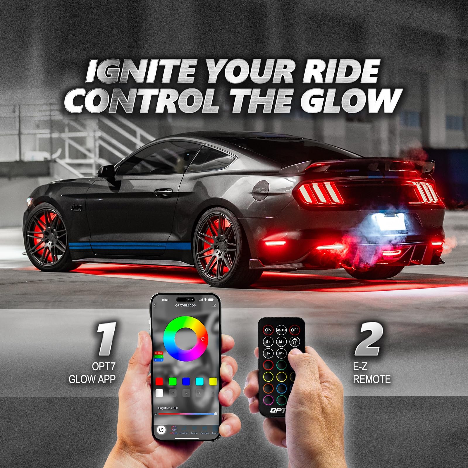Opt7 Aura Pro Underglow Led Lights With App & Remote Control, Rgb Multicolor Mode, Music Sync, 4 Pcs Waterproof Rigid Aluminum L