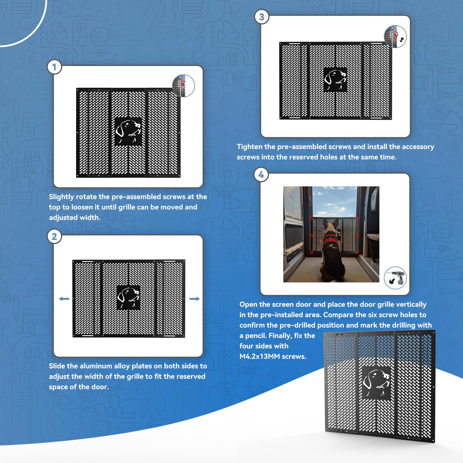 CAMPER MATTERS RV Screen Door Grille - Dog Friends Design, Aluminium Alloy, Adjustable 21"-29.5" Width