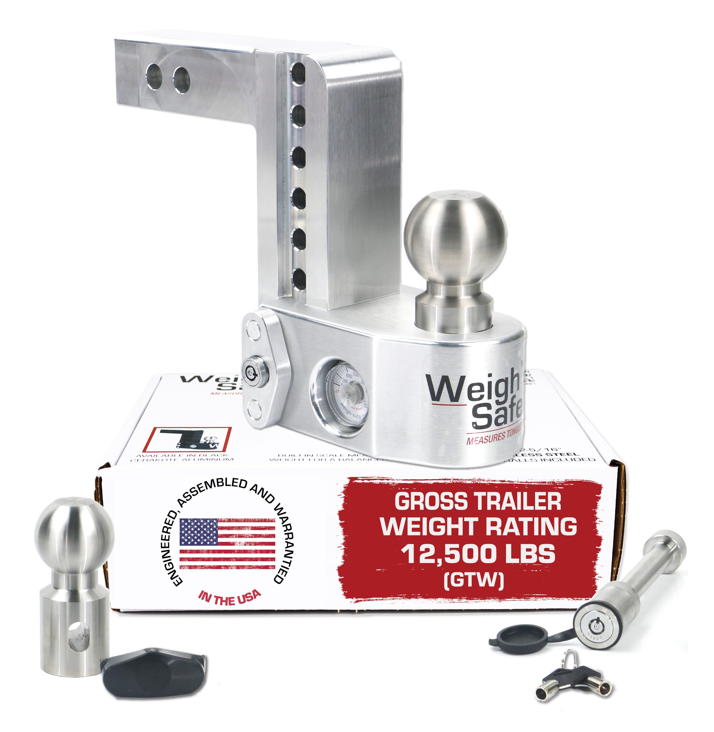 Weigh Safe Adjustable Trailer Hitch Ball Mount - 6'' Drop Hitch For 2'' Receiver W/ 2 Pc Keyed Alike Lock Set, Premium Aluminum 