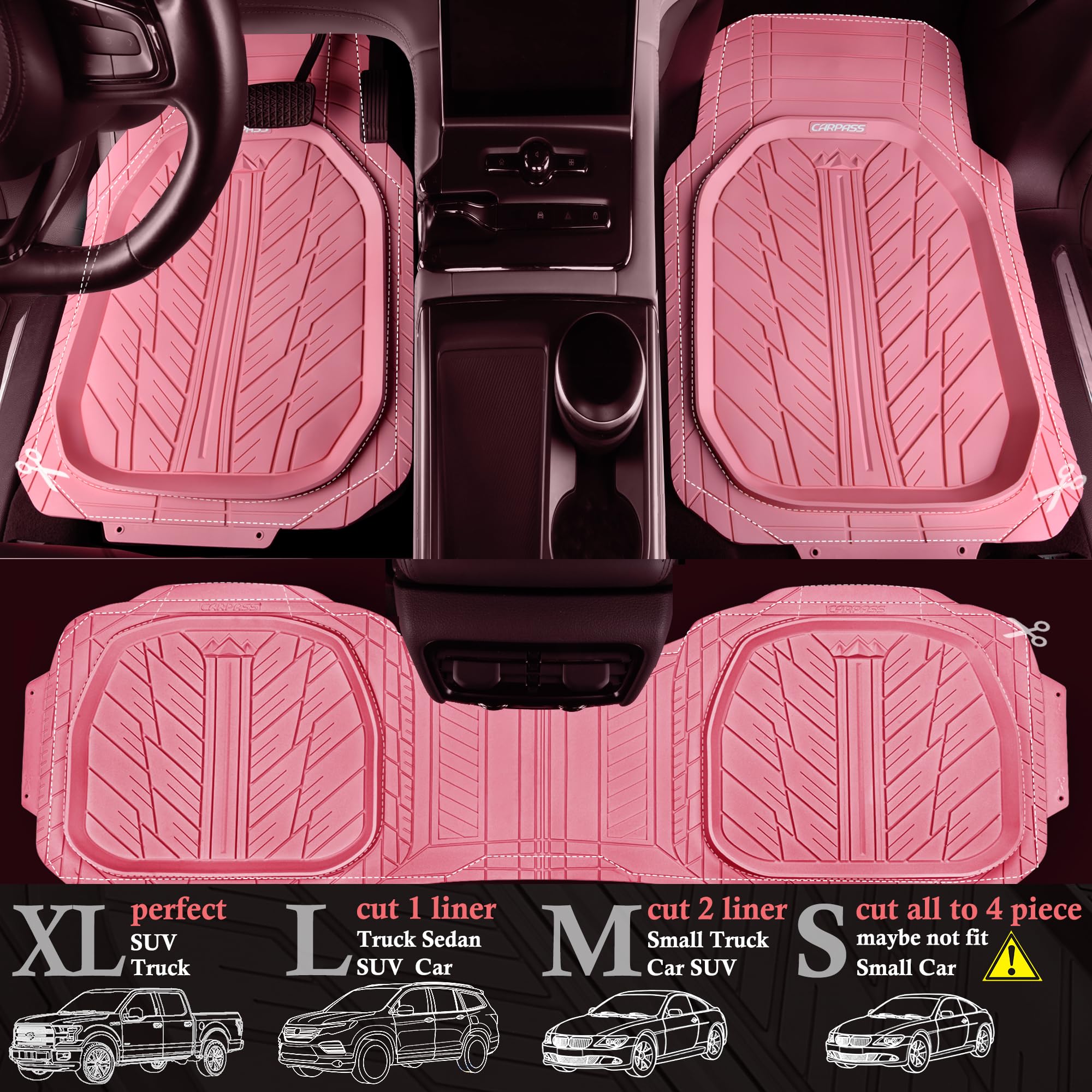 CAR PASS Heavy Duty Pink Rubber Floor Mats Set - Universal Fit, All-Weather, 3-Piece, JD618-PK1-3P for Cars, Trucks, SUVs