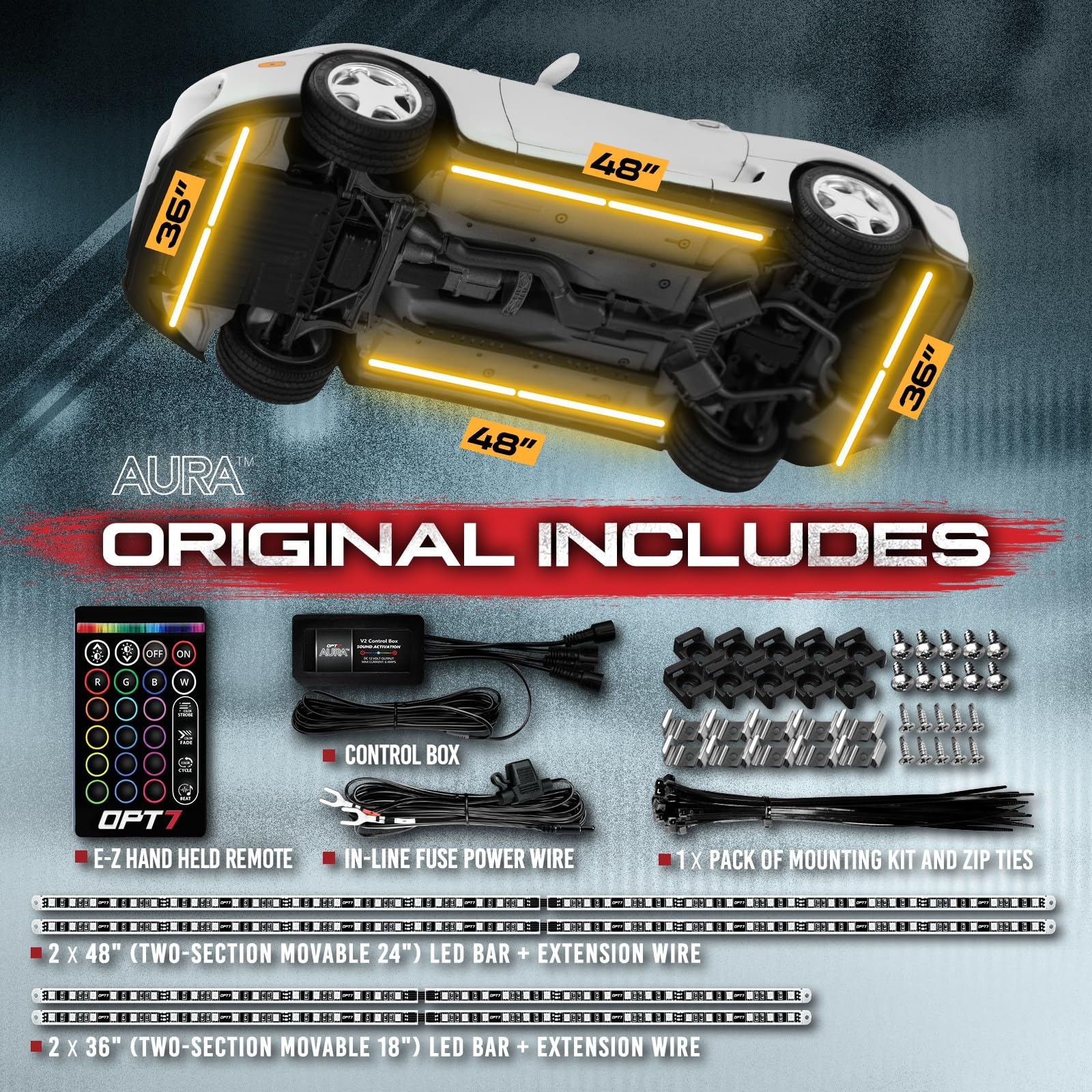 OPT7 Aura Aluminum Car Underglow Lights Kit - RGB Multicolor LED Strip, Waterproof, Music Sync, 12V Accent Lighting for Cars